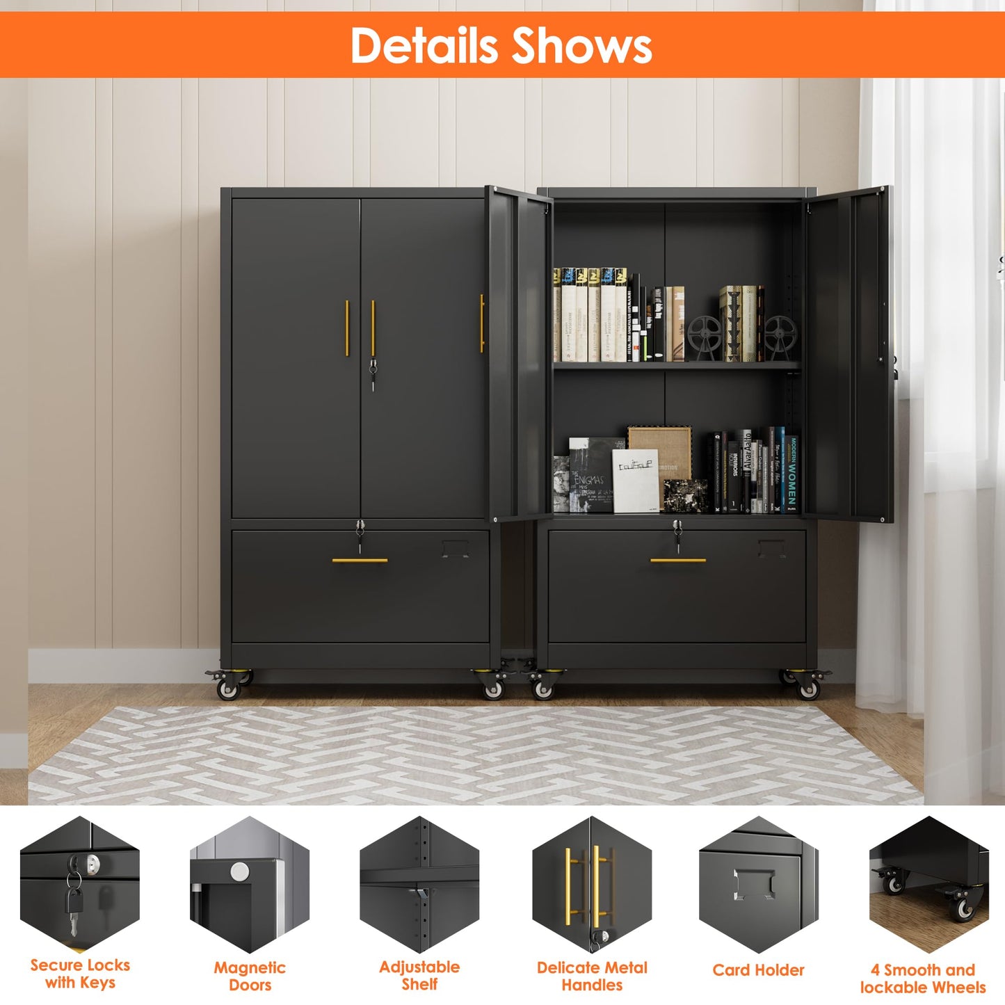 Aobabo Metal 1 Drawer Office File Cabinet with Lock and 2 Doors, Office Steel Files Cabinet with Wheels, Legal/Letter A4 Size, Assembly Required, Black