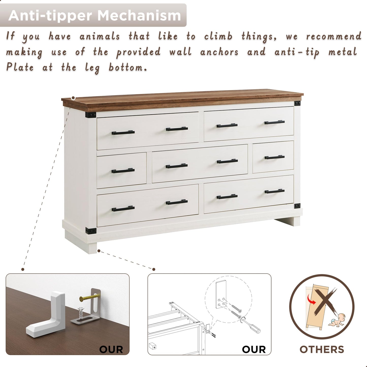 T4TREAM Farmhouse 7 Drawers Dresser for Bedroom, 54" Wide Wood Chest of Drawers w/Natural Texture & Metal Handle, Rustic Storage Dressers Organizer for Living Room, Hallway, Antique White