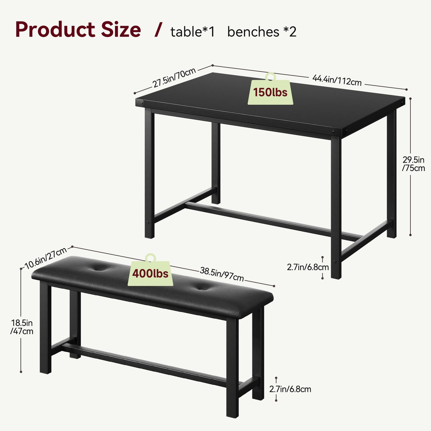 IDEALHOUSE Dining Table Set for 4, Kitchen Table with Upholstered Bench, 3 Piece Rectangular Dining Room Table Set with 2 Benches, for Small Space, Apartment, Studio, Home, Retro Black