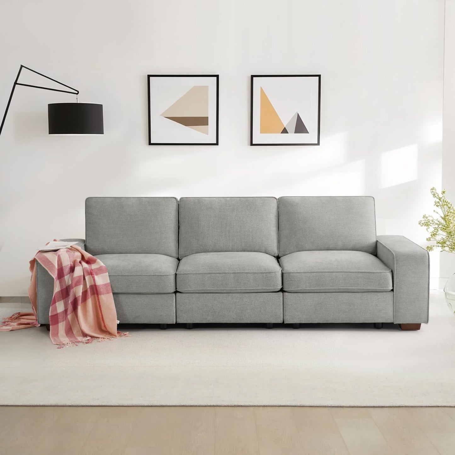 KIMOLST 100in Modular Couch for Living Room, Deep Seat Fabric Sofa with Storage, Removable Cover, 3-Seater, Grey