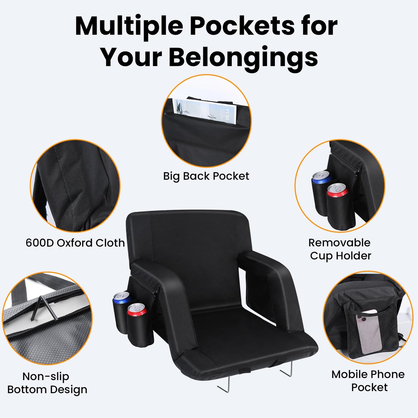 Stadium Seats with Back Support, 2 Pack Bleacher Chairs with Back and Cushion, Wide Bleacher Seat 6 Reclining Back, Folding Stadium Chairs with Armrests Hook Cupholder for Outdoor Sport Beach Concert
