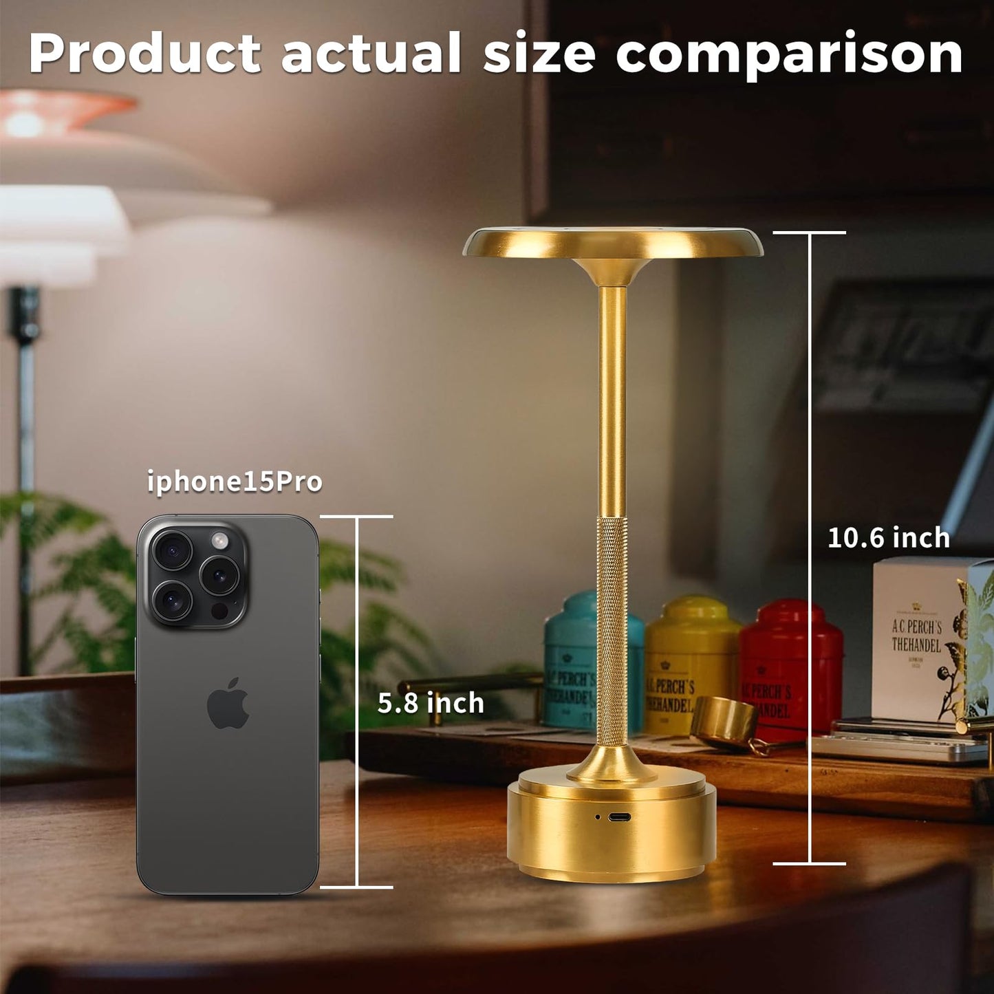 HAPYGI 5200mAh Rechargeable Cordless LED Table Lamps Touch Sensor Light, 3-Levels Portable Dimming Wireless Battery Operated Lamp,Night Light/Restaurant Table/Outdoor/Coffee/Bar (Gold)