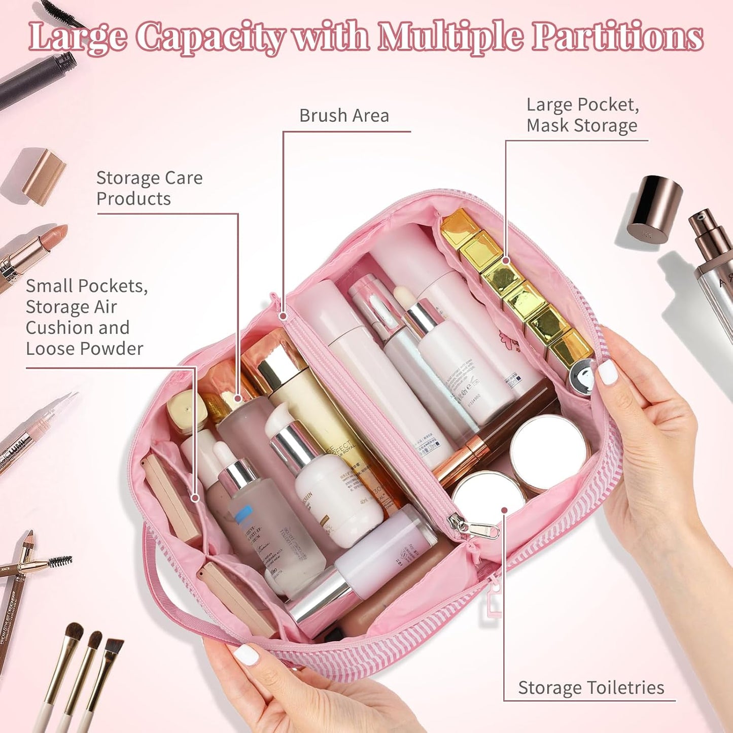Travel Makeup Bag for Women, 2Pcs Portable Personalized Initial Makeup Organizer Bag, Open Flat Large Cosmetic Bag With Travel Essential Pouch (Pink Letter P)