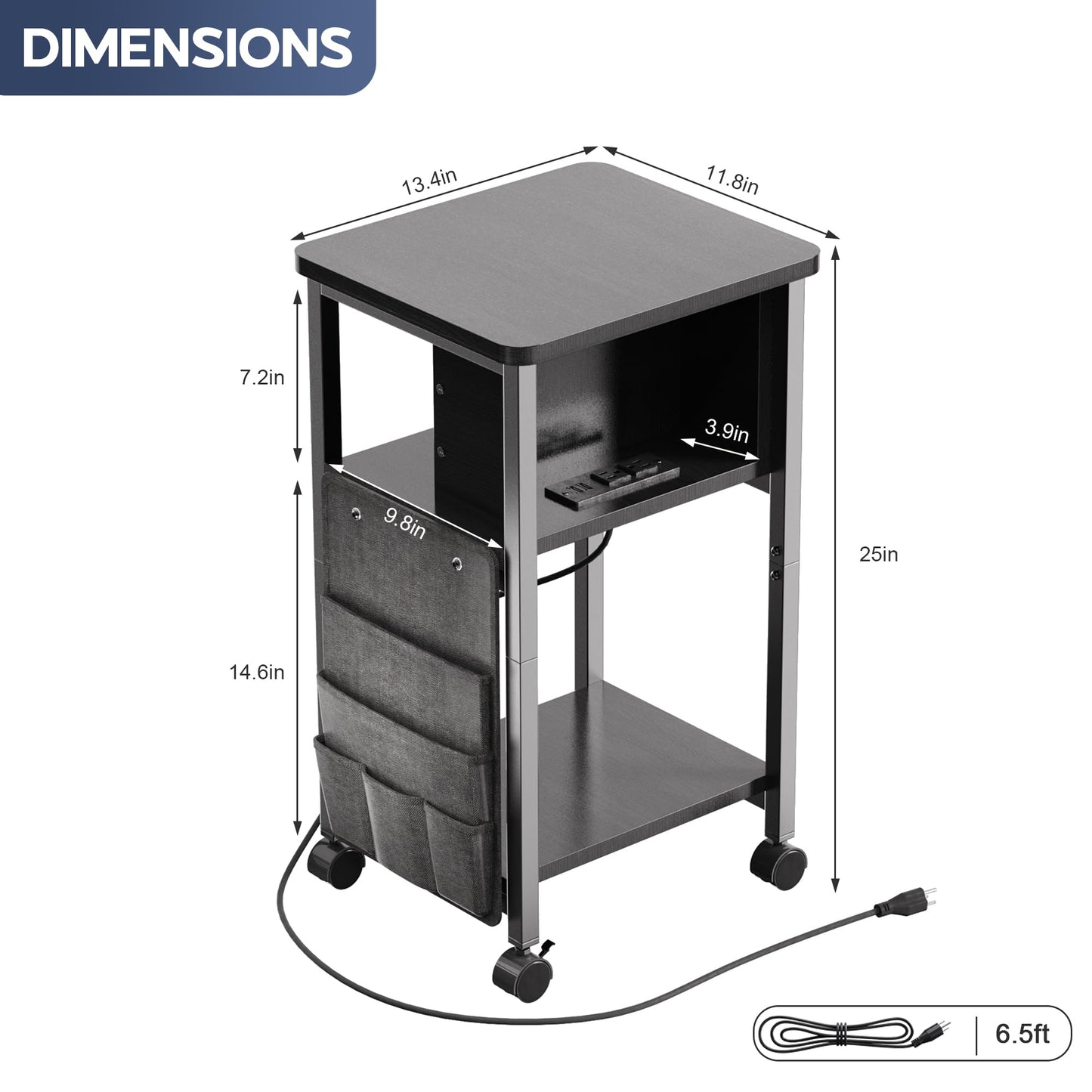 Merapi Small End Table with Charger, Side Table on Wheels, Mobile Nightstand with USB Ports, Black Sofa Side Table with Storage for Small Spaces, Living Room, Bedroom, Study, Home Office