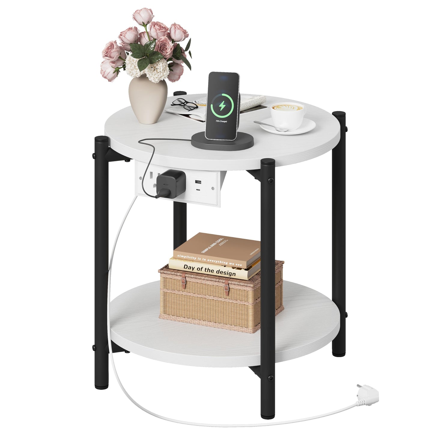 LIKIMIO Side Table with Charging Station, 2-Tier Round End Table with Lower Shelf, 15.8" W Modern Wooden Nightstand for Small Spaces, Living Room, Bedroom, White