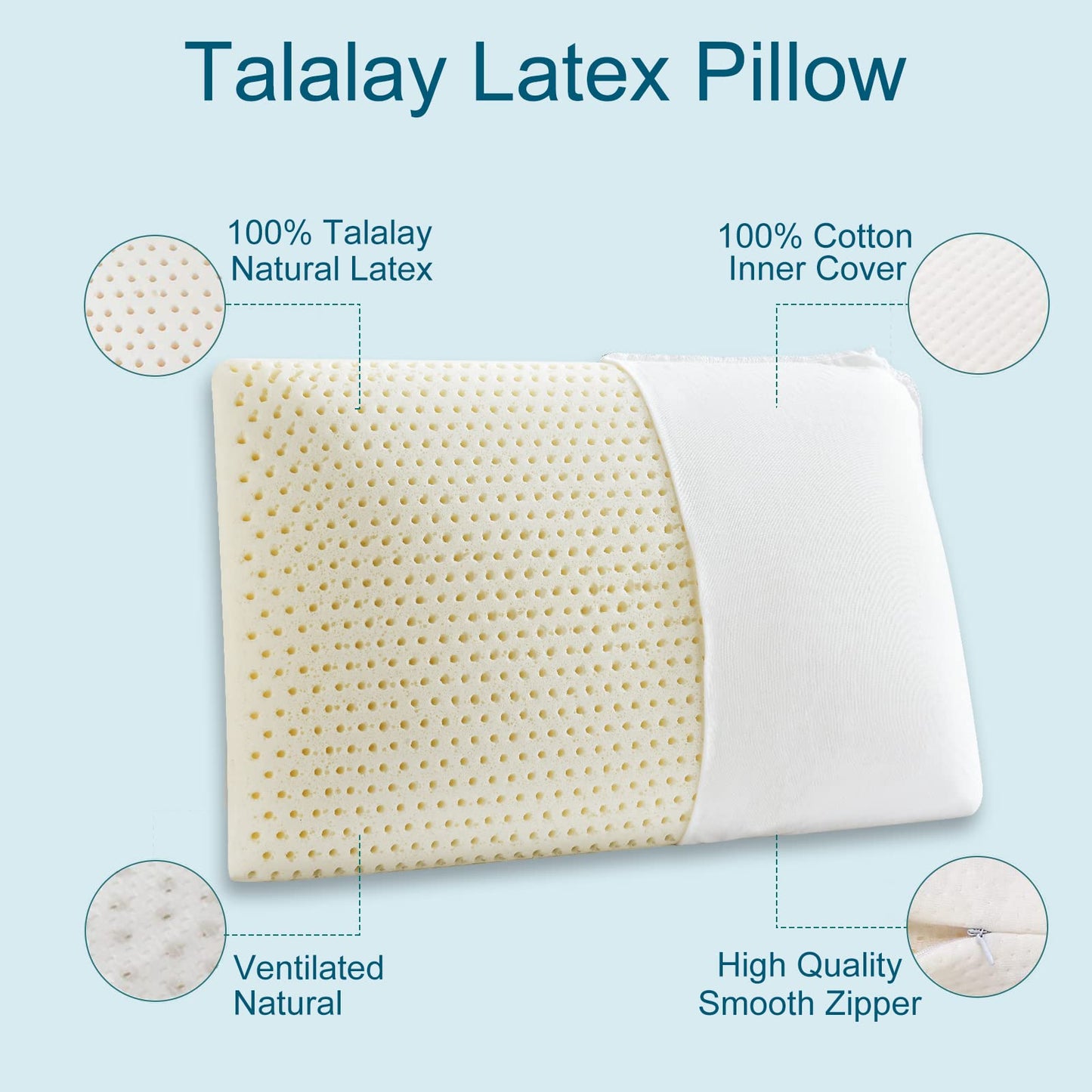 Talalay Latex Pillow, Extra Soft Latex Foam Pillow for Sleeping, Bed Pillow for Back with Removable Cotton Cover, Side and Stomach Sleepers, Helps Relieve Shoulder and Neck Pain (Standard Size)