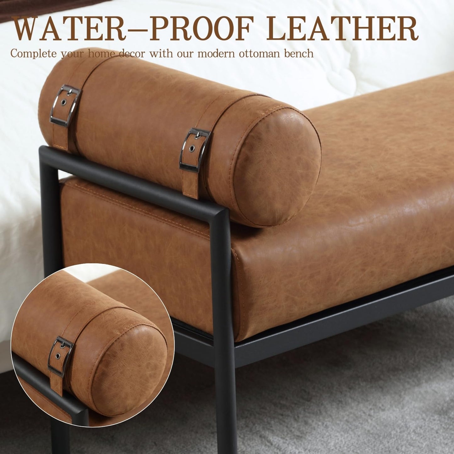 ROCITY Leather Bed Bench 55 Inch Long Bedroom Bench Padded Upholstered Ottoman Bench with Removable Pillows Modern Rectangle Entryway Bench Seat for Living Room/Foyer, Brown