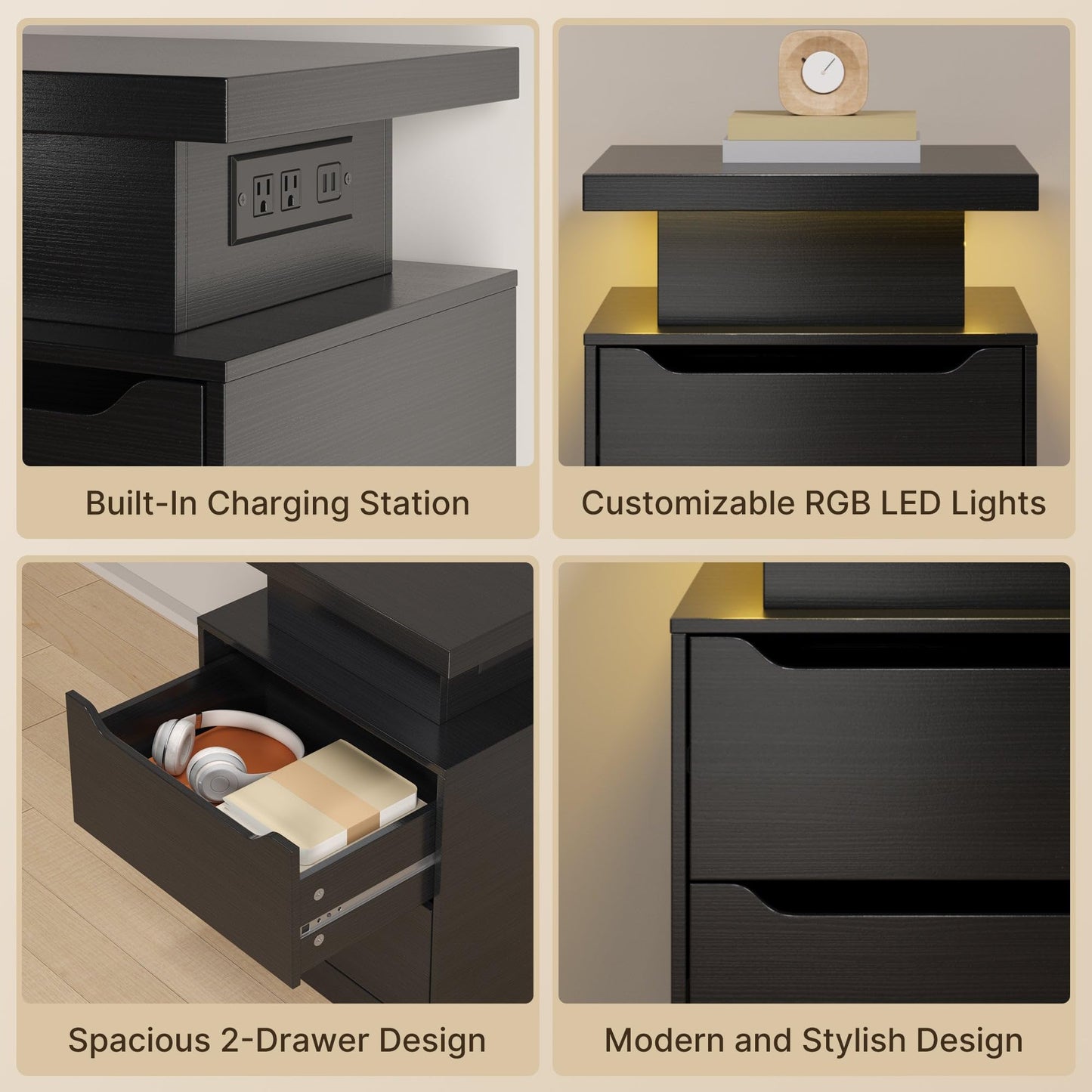 Gizoon Nightstand with Charging Station, 2 Drawers, Night Stand Set 2 with LED Lights, Modern Wood Bedside Table, End Side Table with Storage for Bedroom