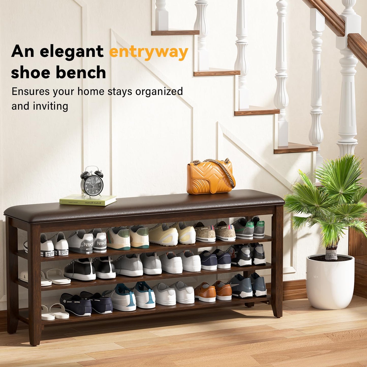 Entryway Shoe Storage Bench with Leather Cushion, Shoe Organizer Bench for Entryway, Ideal for Hallways Front Doors Entrances Mudrooms Featuring Rubberwood And 3 Height-Adjustable and Removable Shelve