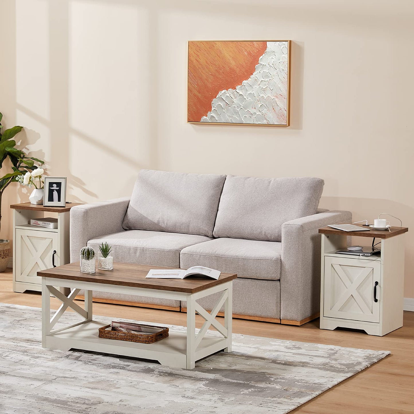 AMERLIFE 3-Piece Farmhouse Living Room Table Set with Coffee Table & 2 End Tables, Charging Station & USB Ports, Distressed White