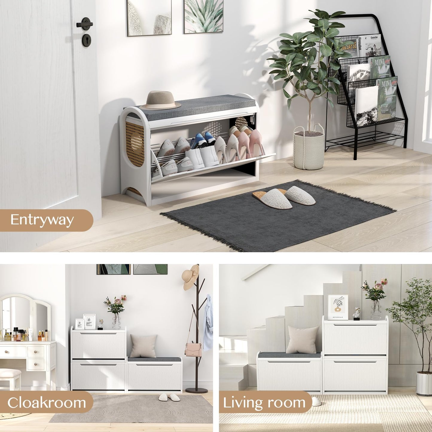 Jiansu furni Shoe Bench with Storage,Rattan Shoe Bench with Seating and Cushion, Shoe Organizer with Shelf Wooden Storage for Hallway and Bedroom,White (2PCS)