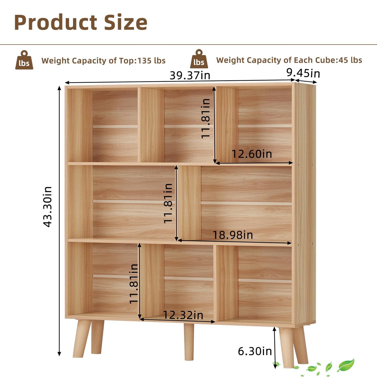 LEYAOYAO Wooden 8 Cube Book Shelf, Natural 3 Tier Bookshelf with Legs, Modern Open Storage Organizer,Boho Bookcase,Display Cabinet Shelf Free Standing Bookshelves for Bedroom,Living Room,Office