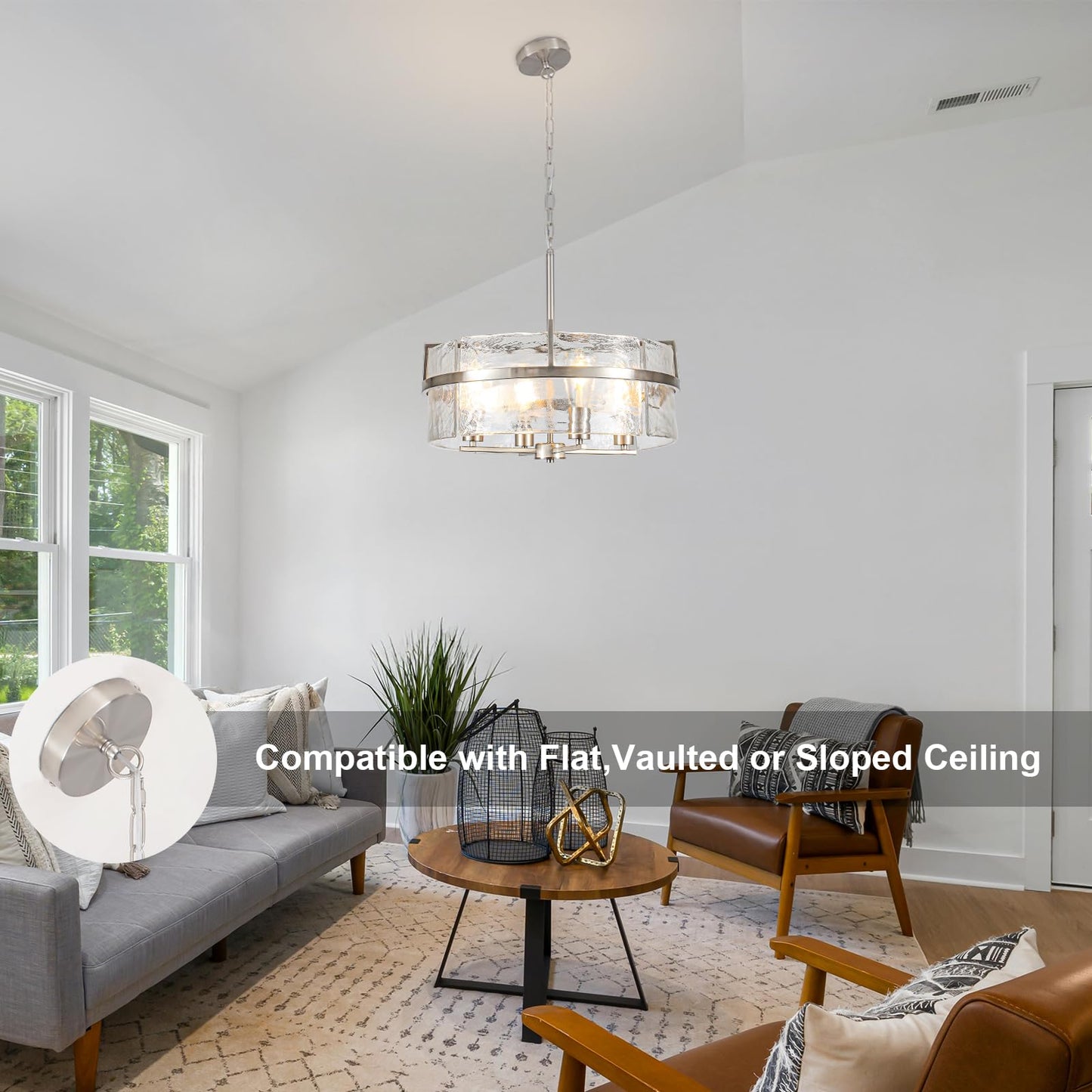 DWLGIGH Modern Drum Chandeliers for Dining Room,19.7" Water Ripple Glass Chandelier Over Table Brushed Nickel Crystal Pendant Light Fixtures for Hight Ceiling Living Room Entryway Bedroom Kitchen,E26