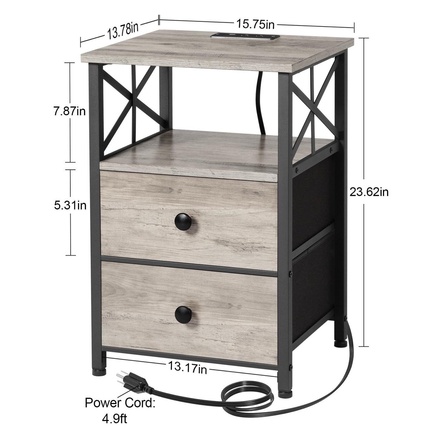 AMHANCIBLE Night Stand Set 2, Nightstand with Charging Station, End Tables Living Room with USB Ports and Outlets, Bedside Tables with Fabric Drawers for Bedroom, Greige HET05XGY
