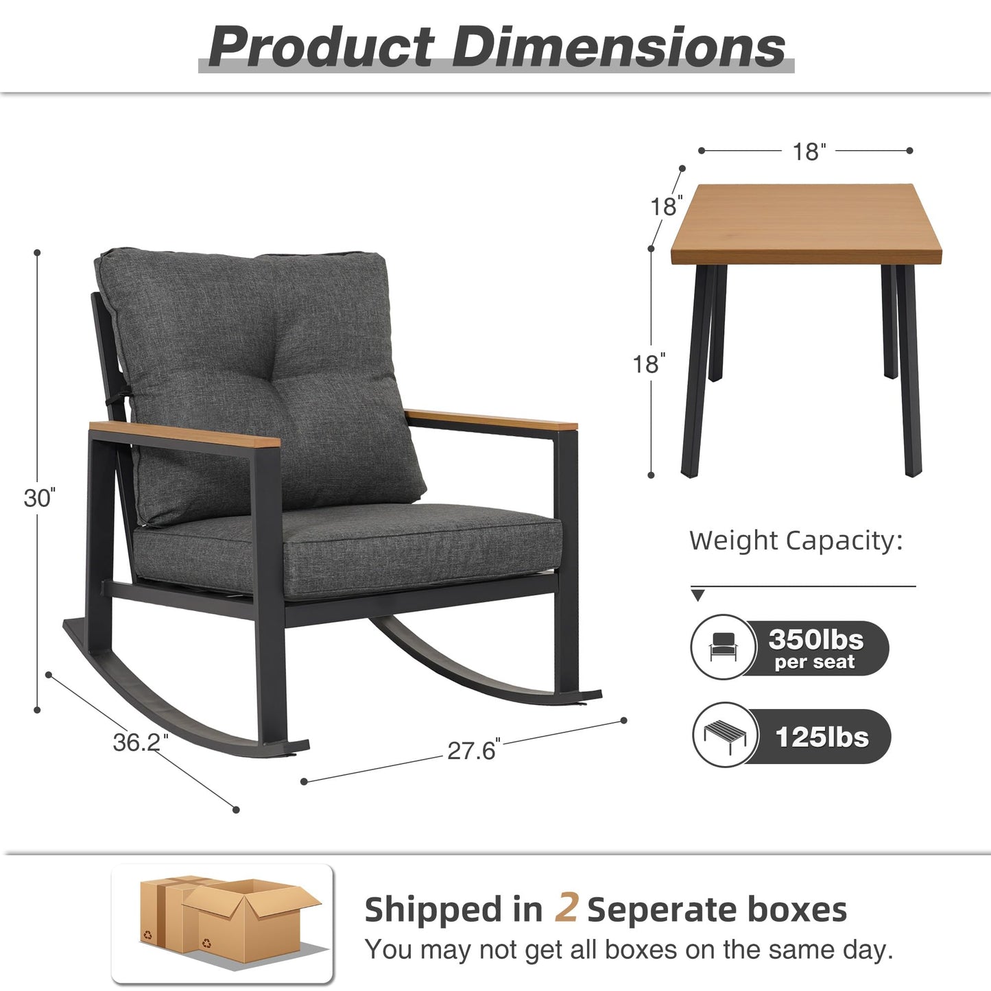COMLAX FIELD 3 Pieces Rocking Bistro Set, Outdoor Patio Furniture Set with Thick Cushions and Coffee Table, Patio Conversation Sets for Garden, Balcony, Backyard, Grey