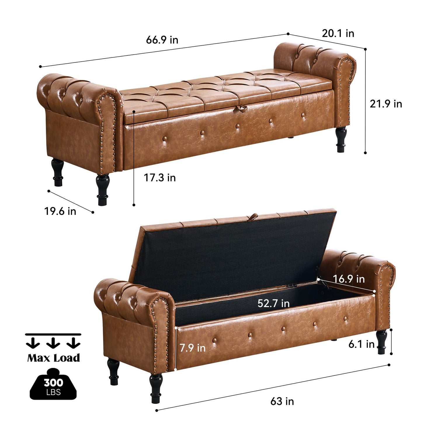 HOMYKA Storage Bench for Bedroom, Faux Leather 67" End of Bed Bench, King Size Bench with Arms, Tufted Storage Ottoman Benches, Upholstered Bench for Bedroom, Living Room, Entryway, Brown