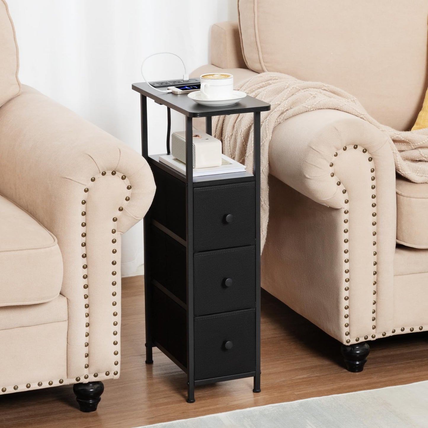LOAKEKEL Narrow End Tables Living Room Set of 2 with Charging Station, Skinny Side Table with Fabric Drawers, Slim Nightstand for Bedroom, Small Spaces, Couch, Black, HETNDP03BK
