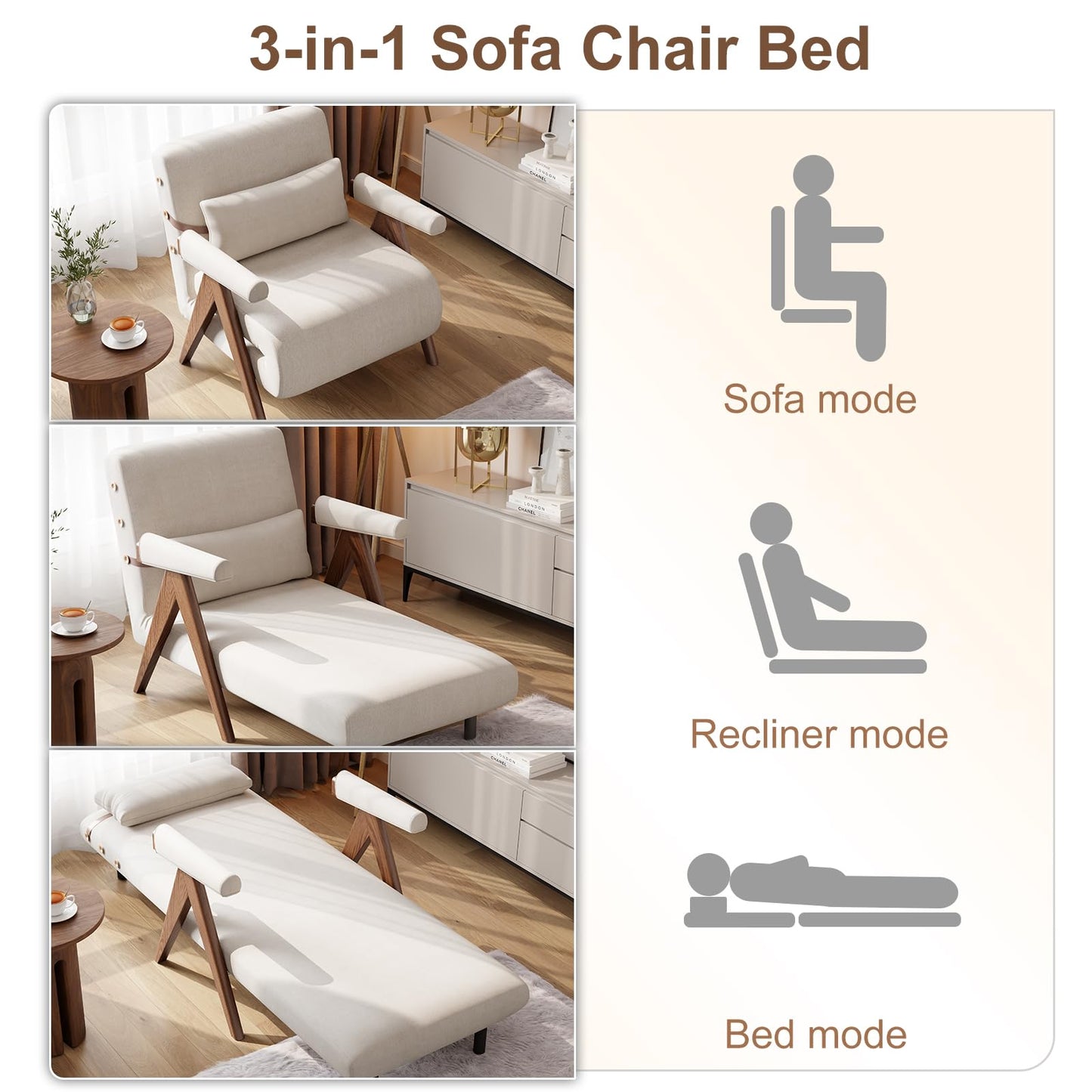 KungFuWood 32inch W Convertible Chair Bed Sleeper 3 in 1 Sleeper Sofa Couch Bed,Adjustable Backrest Futon Sofa Bed Chair,Small Space Sleeper Sofa for Living Room, Bedroom,Home Office,Beige,White