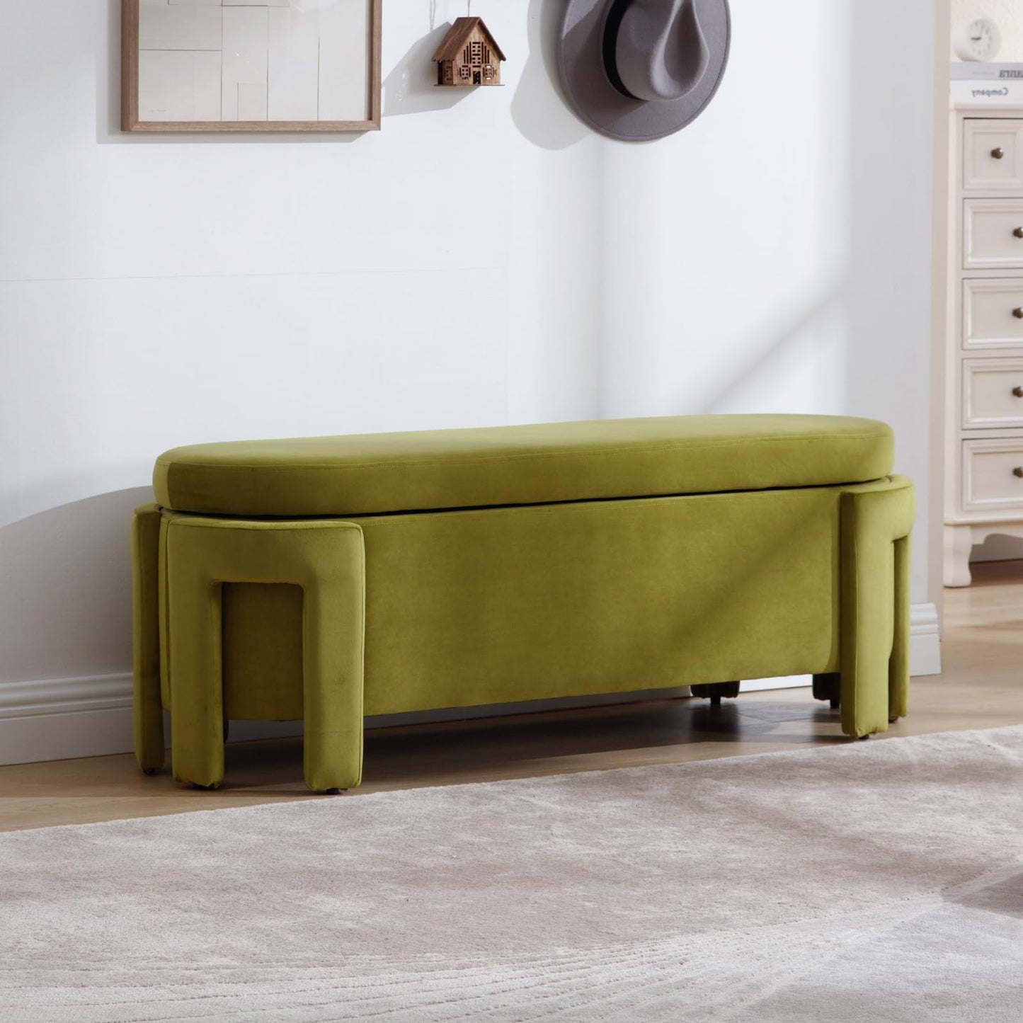 Janoray Modern Upholstered Storage Bench, Velvet Fabric 50" Long Entryway Bench with Storage and Seating, Comfy Cute Ottoman Bench for Living Room/End of Bed/Hallway, Olive Green
