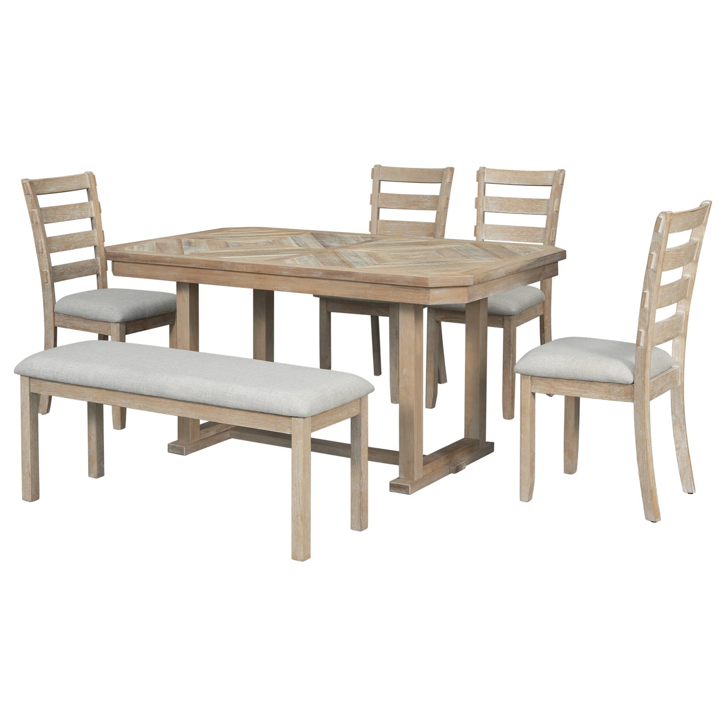 LUMISOL Wooden Kitchen Table with Chairs and Bench Set, 6 Piece Dining Room Table Set for 6, Wood Grane Tabletop and Upholstered Seating, MuddyNaturalWash