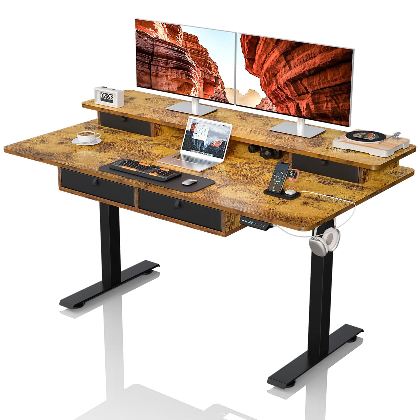 Electric Standing Desk with Drawers & USB Charging Port, 63''x 30''Adjustable Height Sit Stand Up Widened Desktop Desk, Computer Office Desks with Storage for Home Workstation, 3 Memory Height Preset