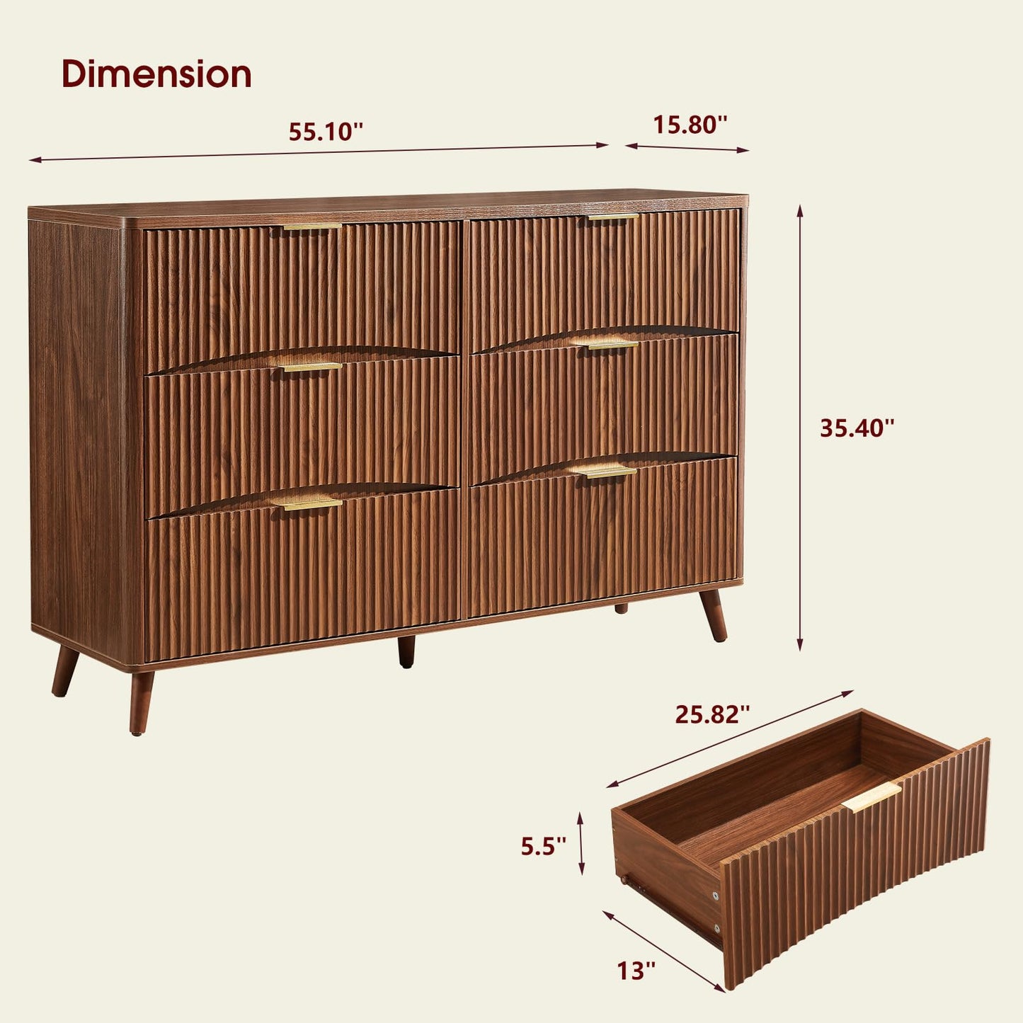 Evermagin 55" Wide Fluted 6 Drawer Dresser, Mid Century Modern Curved Dresser, Light Wood Chest of Drawers for Bedroom, Living Room and Entryway, Walnut