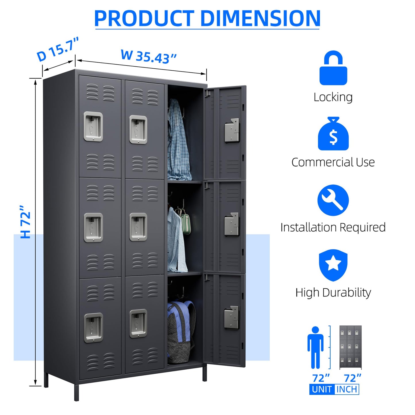 Reemoon 9 Doors Metal Storage Locker, Steel Storage Cabinet for Employees, Industrial Office Locker for School Gym Bedroom, Assembly Required,Dark Grey