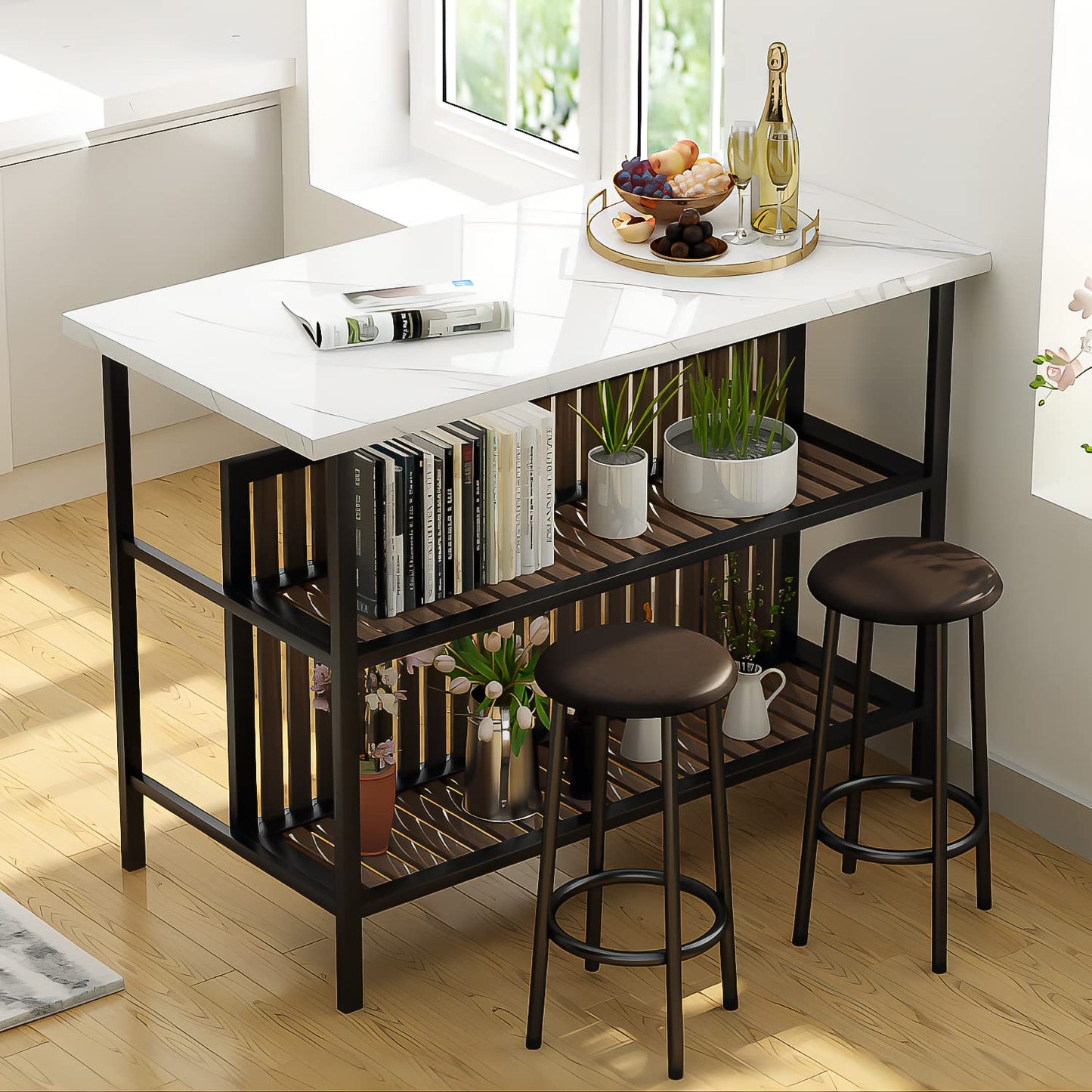 Lamerge 3 Piece Bar Table and Chairs Set, Industrial Bar Table Set with Storage Shelves,Marble Counter Height Table with 2 Bar Stools,Modern Pub Table Dining Room Table Set for Kitchen,White
