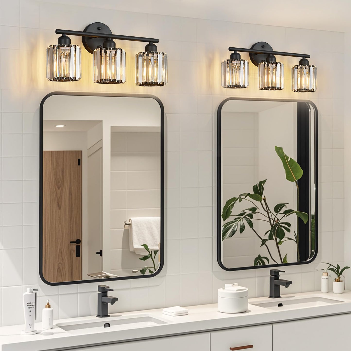 FDPBY Modern 3 Light Crystal Vanity Light, Black Vertical Bathroom Light Fixture Over Mirror for Dressing Table Sink, Compatible with Dimmable Bulbs (Bulbs Not Included)