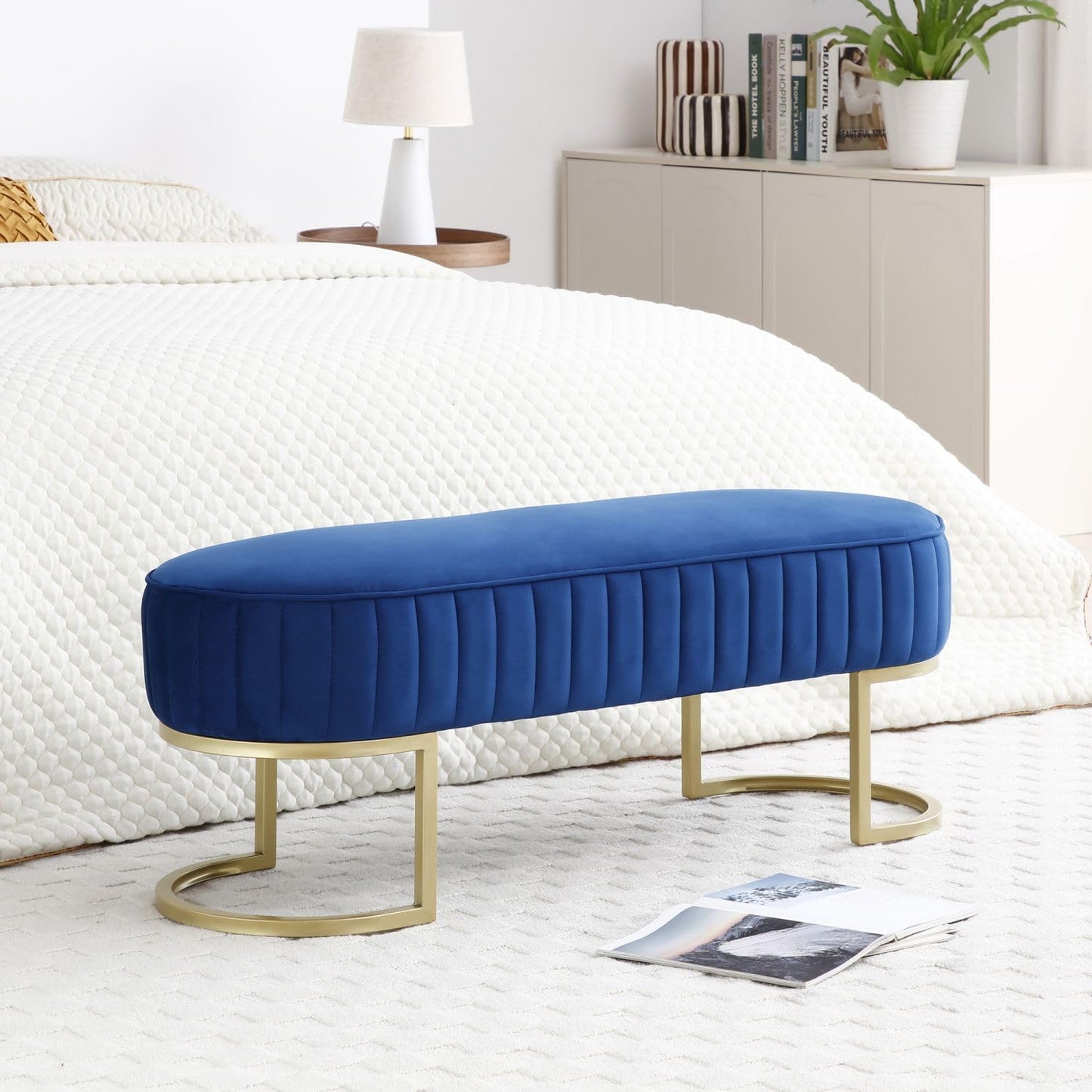 UOCFYK Bedroom Bench, Velvet Upholstered End of Bed Bench with Curved Gold Metal, 48" Ottoman Bench for Living Room, Entryway, Window, Blue
