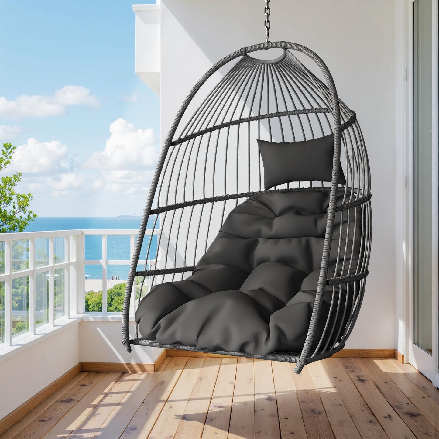 Hanging Egg Chair Without Stand, HDPE Rattan Foldable Swing Chair with Aluminum Frame & UV Resistant Cushion, Hammock Egg Basket for Indoor Outdoor Bedroom Garden, 350Lbs Capacity (Dark Grey)