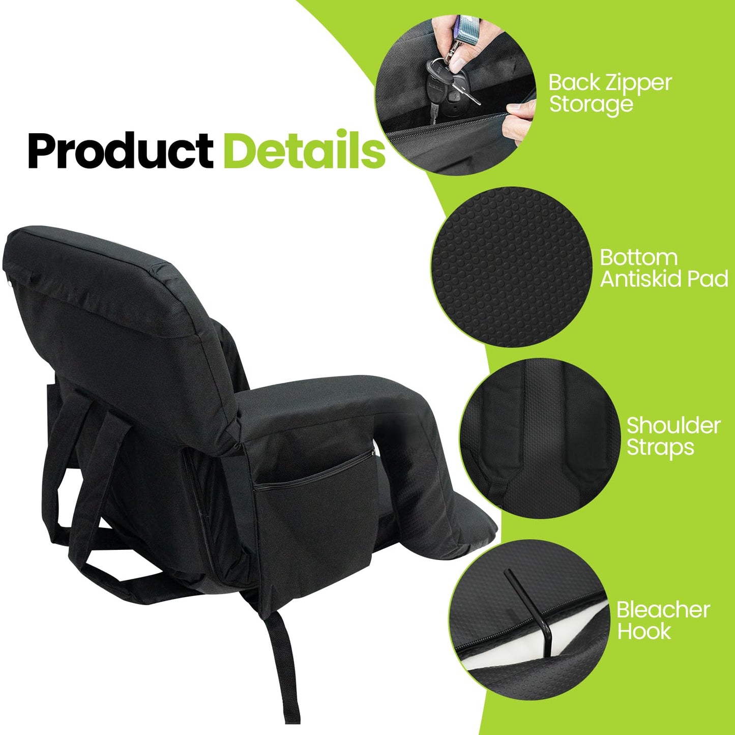 Stadium Seats with Back Support, Wide Bleacher Chairs with Back and Cushion, Armrests, 4 Pockets, Portable Reclining Bleacher Seats for Sport Events, Beaches, Camping, Concerts