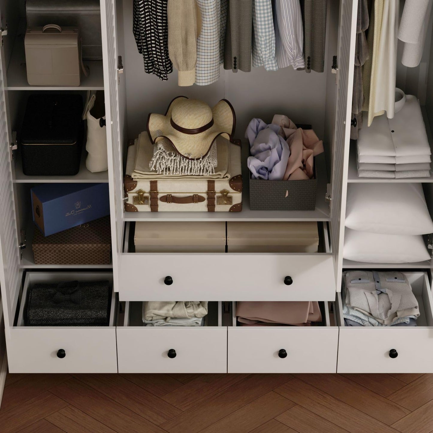 MOUMON 4 Shutter Door Wardrobe with Shelves and Drawers, Armoire Wardrobe Closet with 2 Hanging Rods, for Bedroom White 59”W x 19”D x 70.9”H