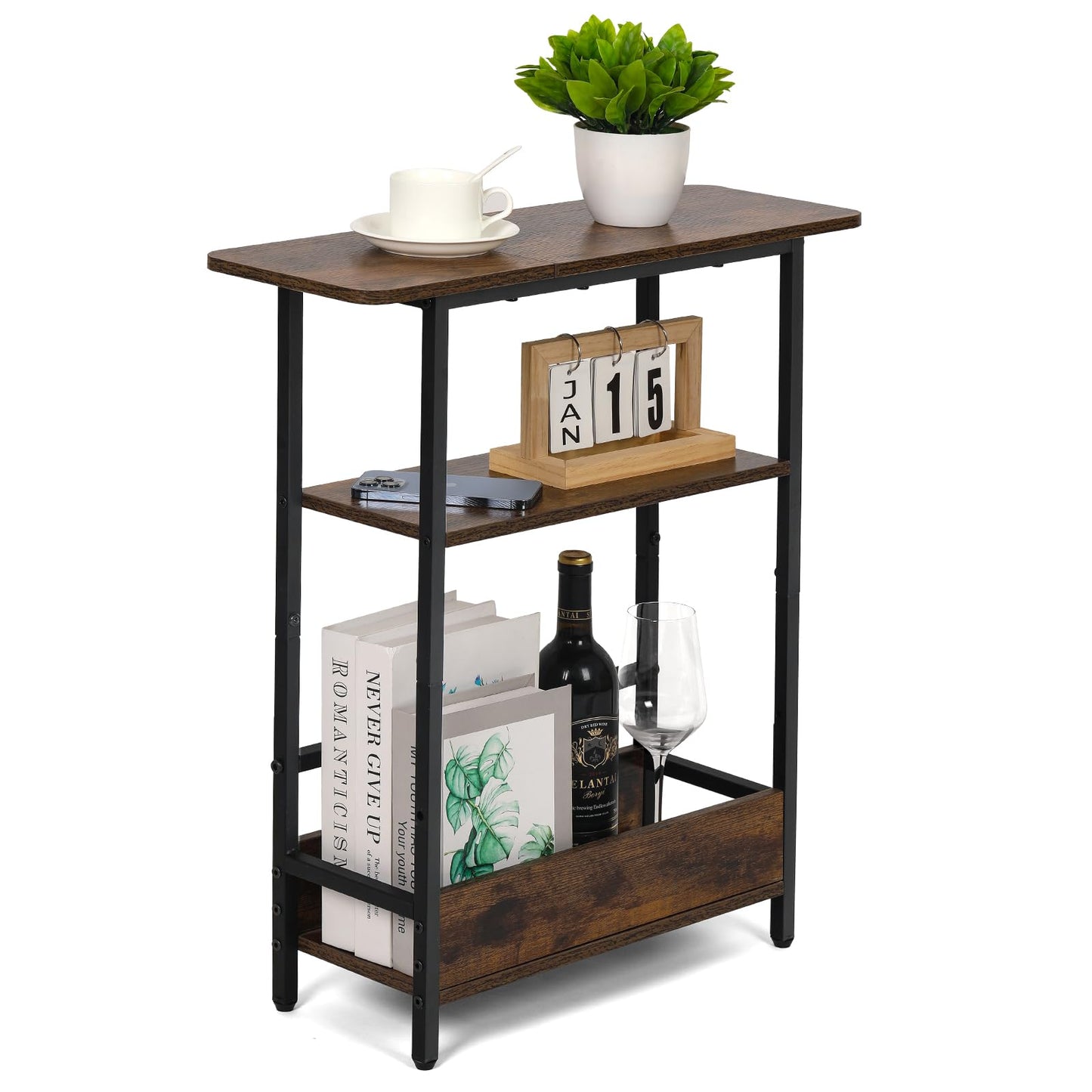 Narrow Side Table for Small Spaces, 3-Tier Small End Table with Storage Shelf and Magazine Holder, Slim and Skinny Nightstand for Bedroom, Living Room Sofa Table for Space Saving, Brown