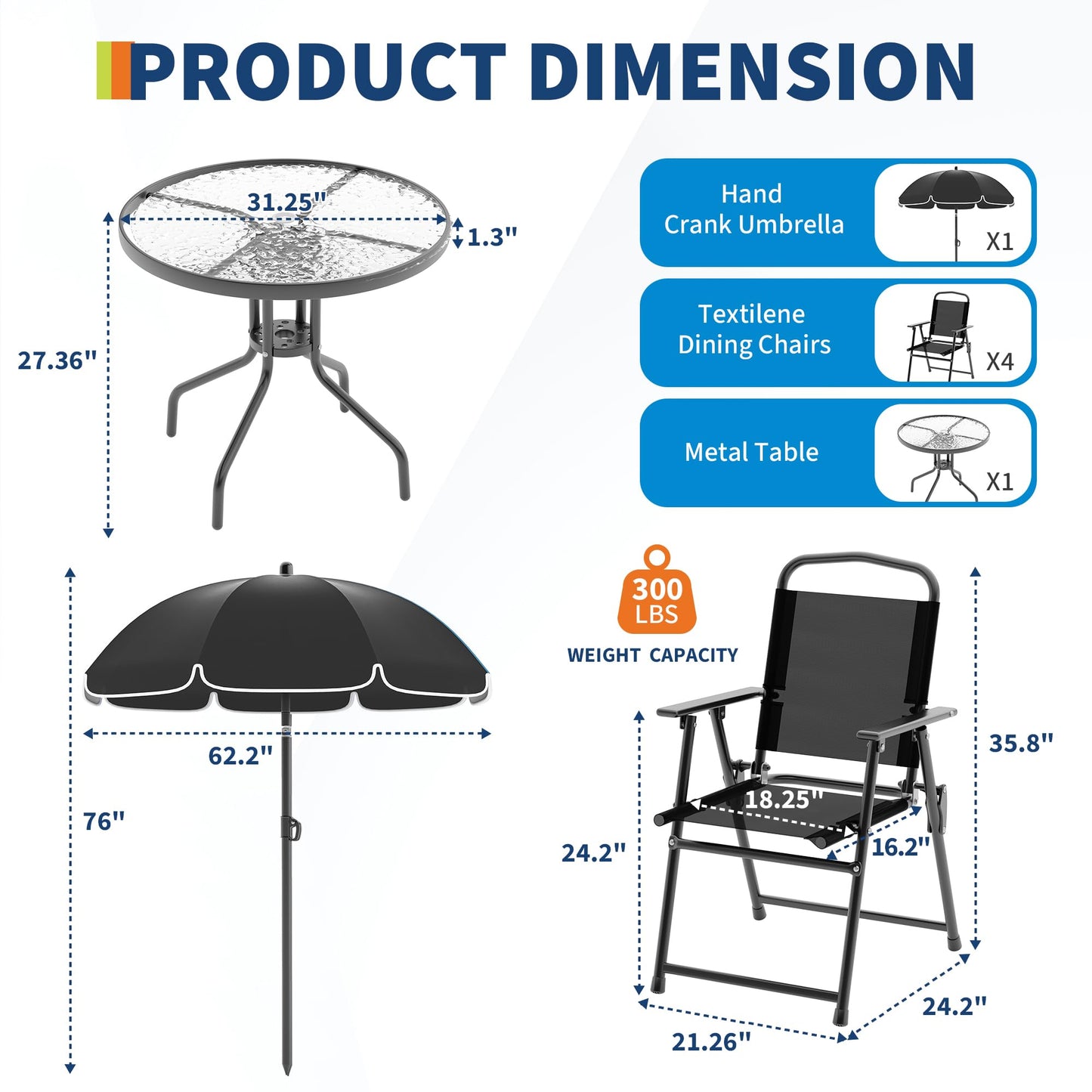 Patio Dining Set for 4 With Umbrella, Outdoor Furniture Set With 4 Folding Dining Chairs, Outdoor Table Umbrella Set With Tempered Glass Top Dinings Table