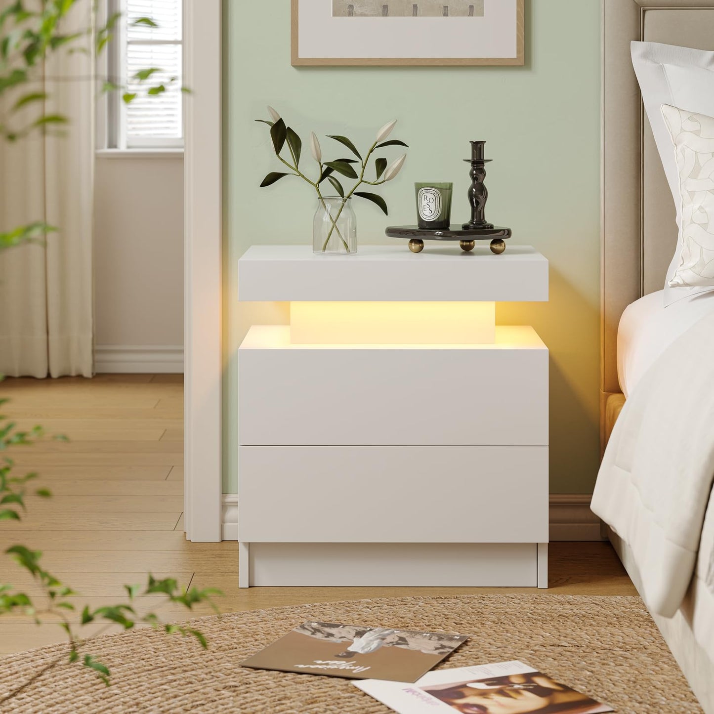 Cubehom Bedroom Night Stands White Nightstand Set of 2 LED Night Stand for Bedroom White Modern LED Bedside Table with 2 Drawers End Side Table