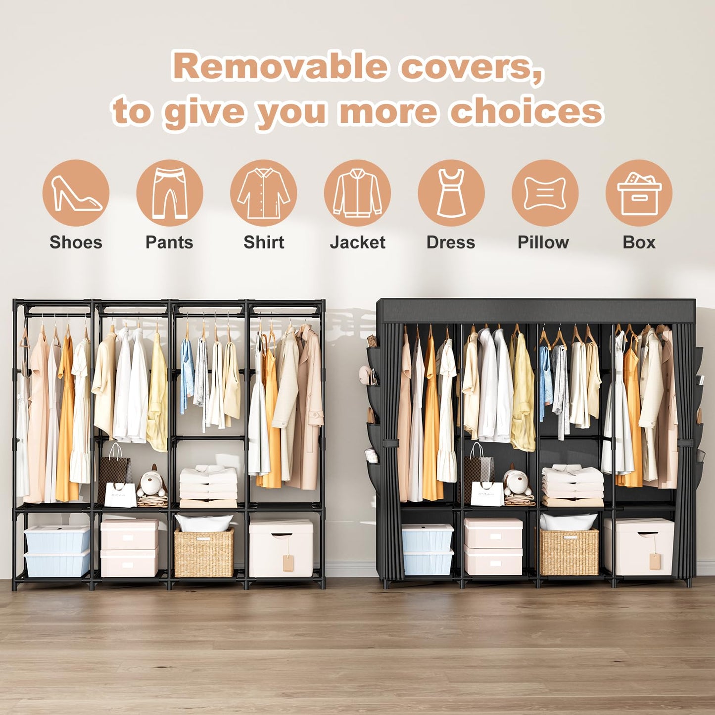 BrFoYu Portable Closet for Hanging Clothes, 67 Inch Wide Portable Wardrobe Closet with Cover, 4 Hanging Rod, Storage Shelves and Side Pockets, Large Free Standing Closet for Bedroom, Black