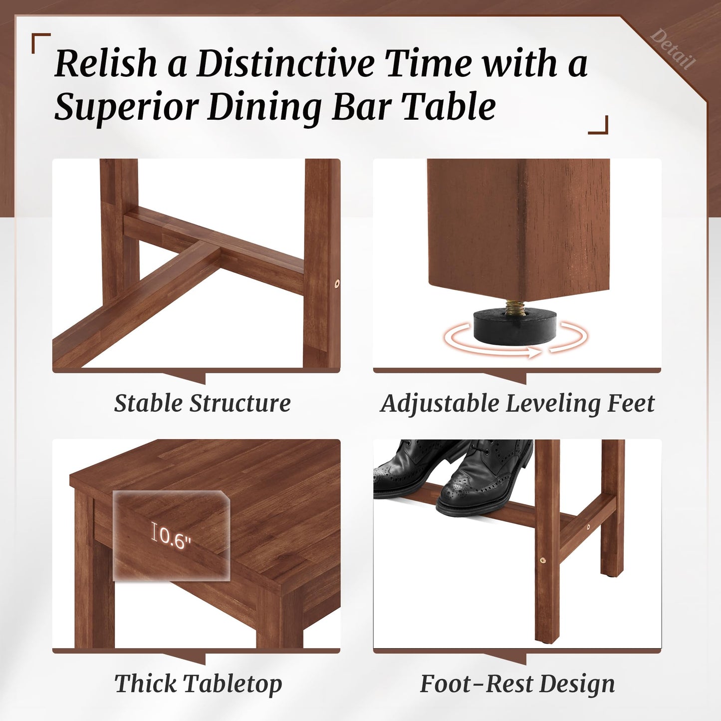 Cozyman Bar Table and Chairs Set, 53" Dining Table Set with 2 Stools, Kitchen Bar Height Table with Stools of 2, Space Saving for Living Room, Brown