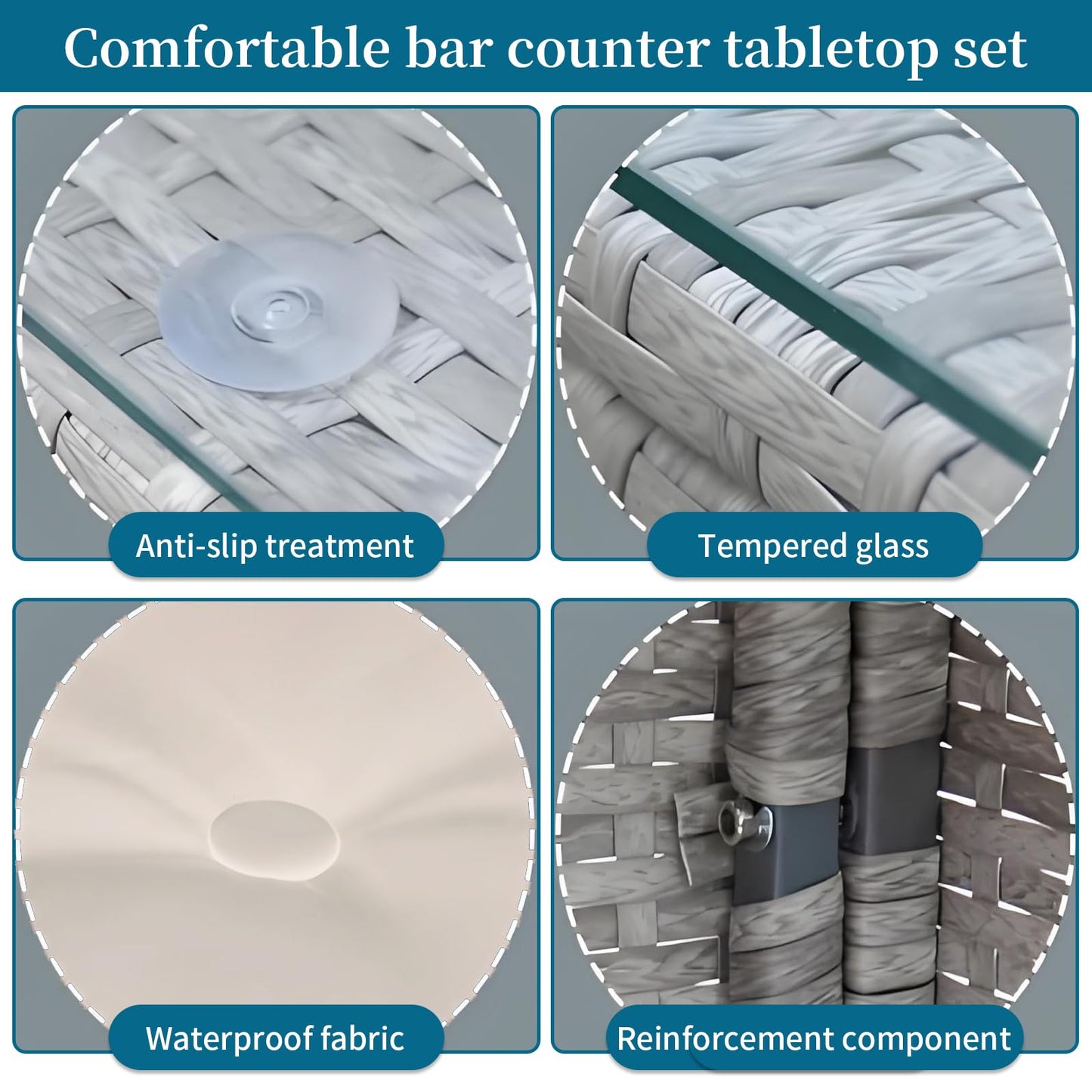 Rtbackyards 3Pcs Outdoor Bar Set, Patio Wicker Bar Furniture with 2 Storage Shelves, Glass Top Table, 2 Stools with Cushions for Patios, Backyards, Porches, Gardens, Lawn or Poolside