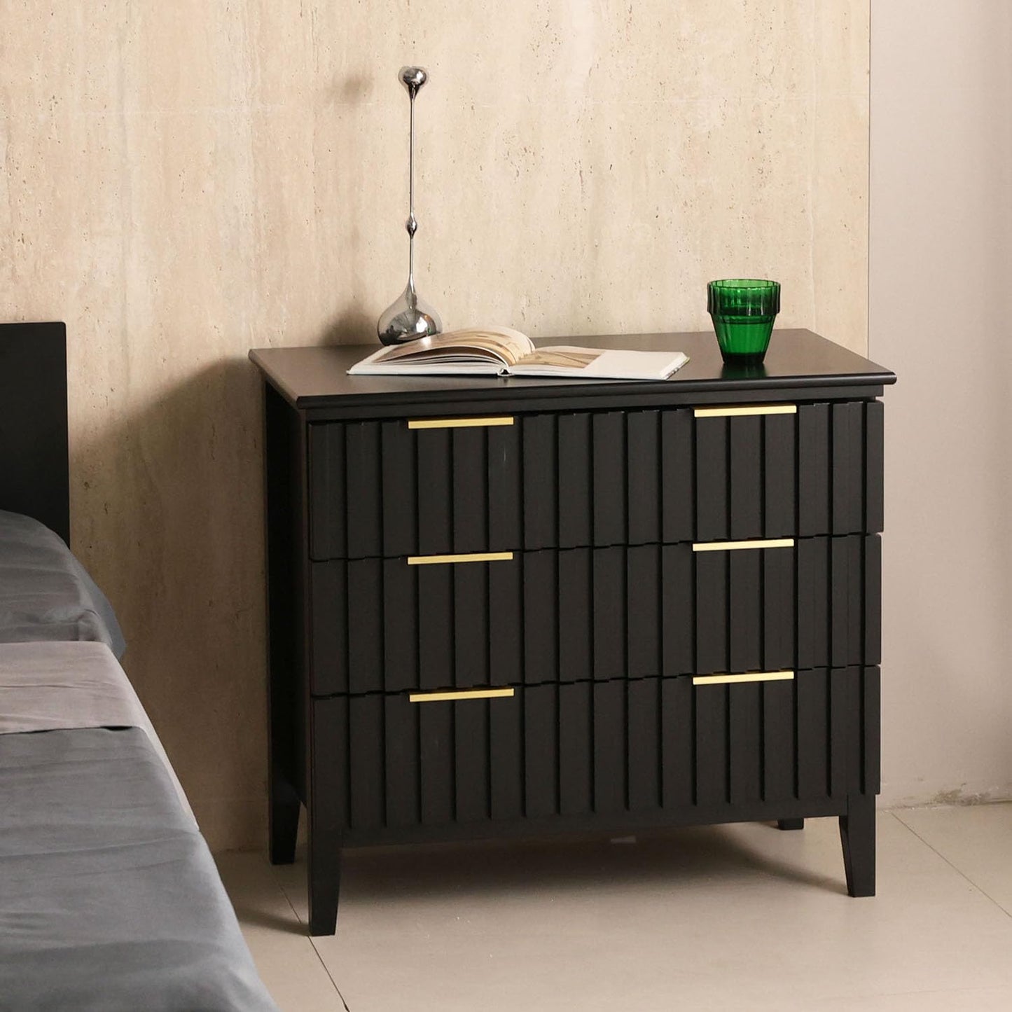 LAZZO 3 Drawer Dresser, Wood Dresser Tall with Fluted Drawer Fronts, Golden Handles and Spacious Top Narrow Small Space Storage Chest Modern Storage Cabinet for Living Room, Bedroom and Closet Black
