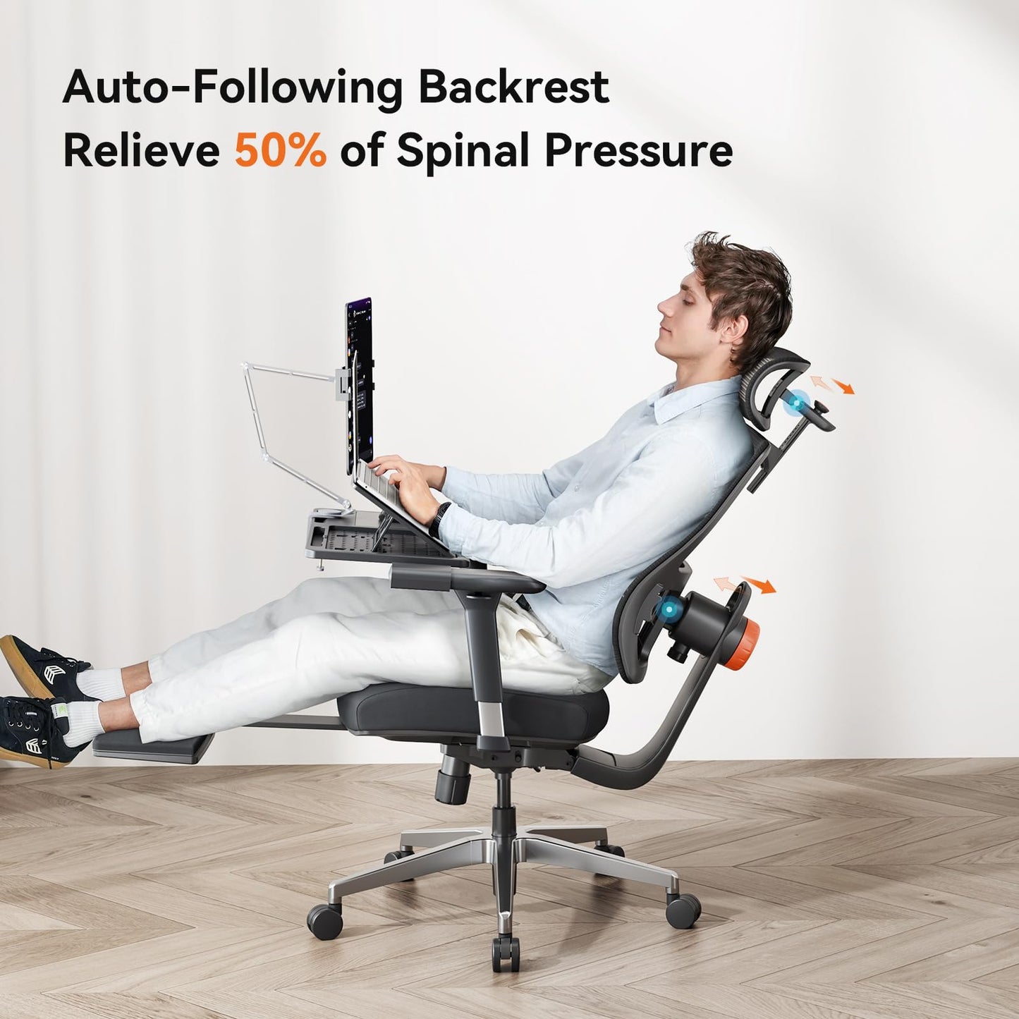 Newtral Office Chair Ergonomic with Footrest, Auto-Following Lumbar Support, High Back Desk Chair with 4D Armrest,136° Tilt Lock, Adjustable Seat Depth & Height (Supreme with Laptop Tray, Black)