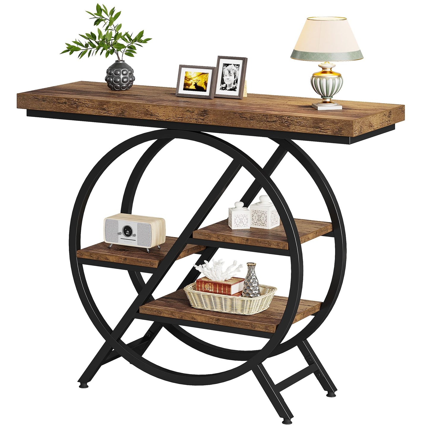 Tribesigns Console Table, 40-Inch Entryway Table with Storage Shelves, 4-Tier Industrial Hallway Sofa Table with Geometric Metal Frame, Accent Table for Living Room, Entryway, Rustic Brown