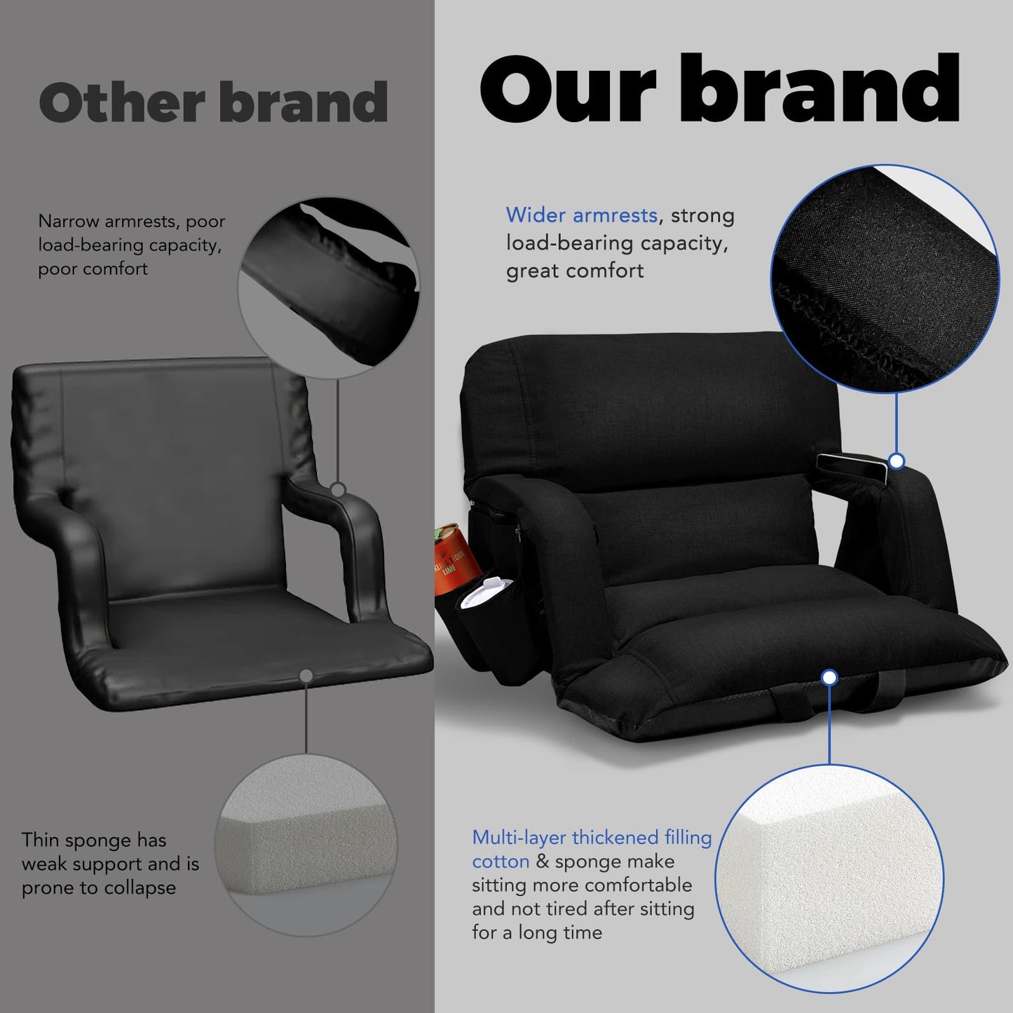Extra Wide Stadium Seats With Back Support 2 Pack, Exclusive "Sofa Style" Design Thick Bleacher Chairs With Back and Cushion, 6 Reclining Positions - Ultimate Comfort for Sports Events (Black, 25")