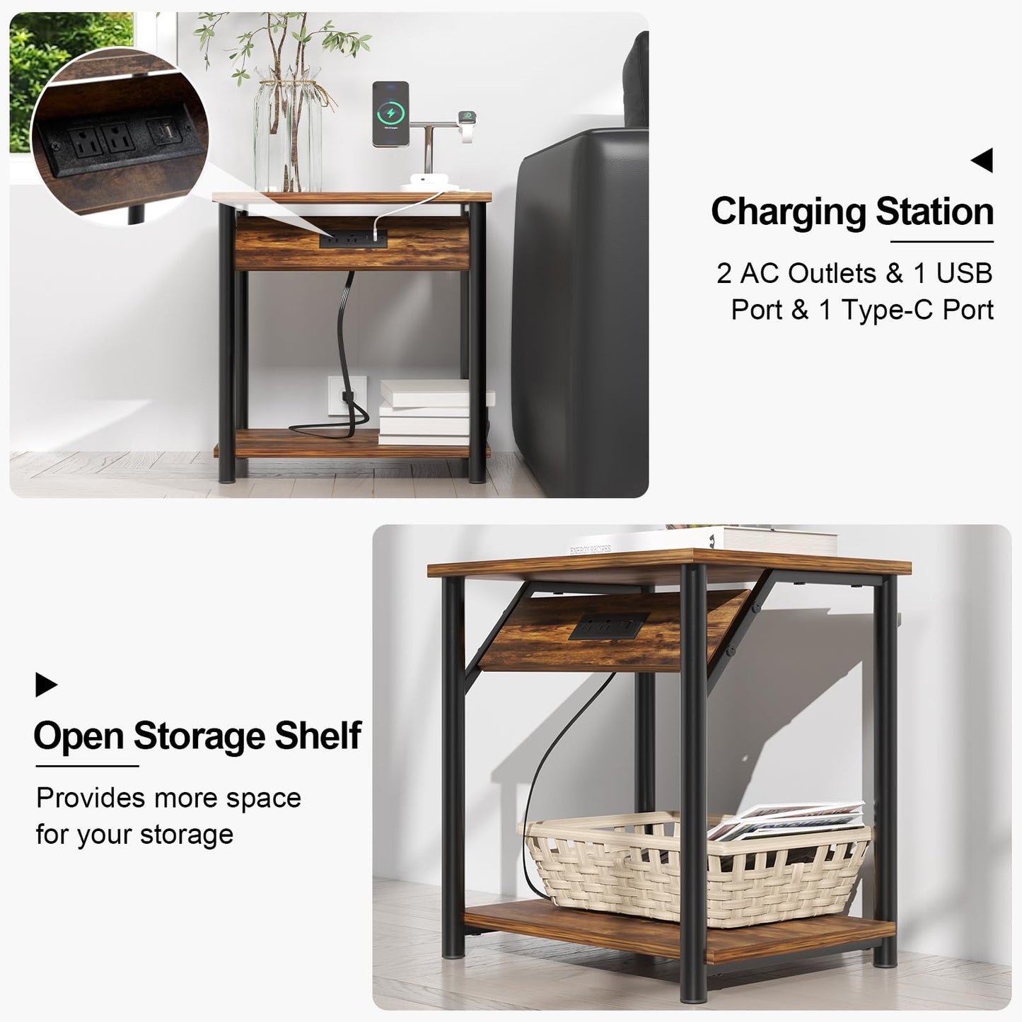 Nightstands Set of 2, Small End Tables with Charging Station, Modern Night Stands, Narrow Side Tables for Small Space, Bedside Tables with 2-Tier Storage Shelf for Living Room, Bedroom, Rustic Brown