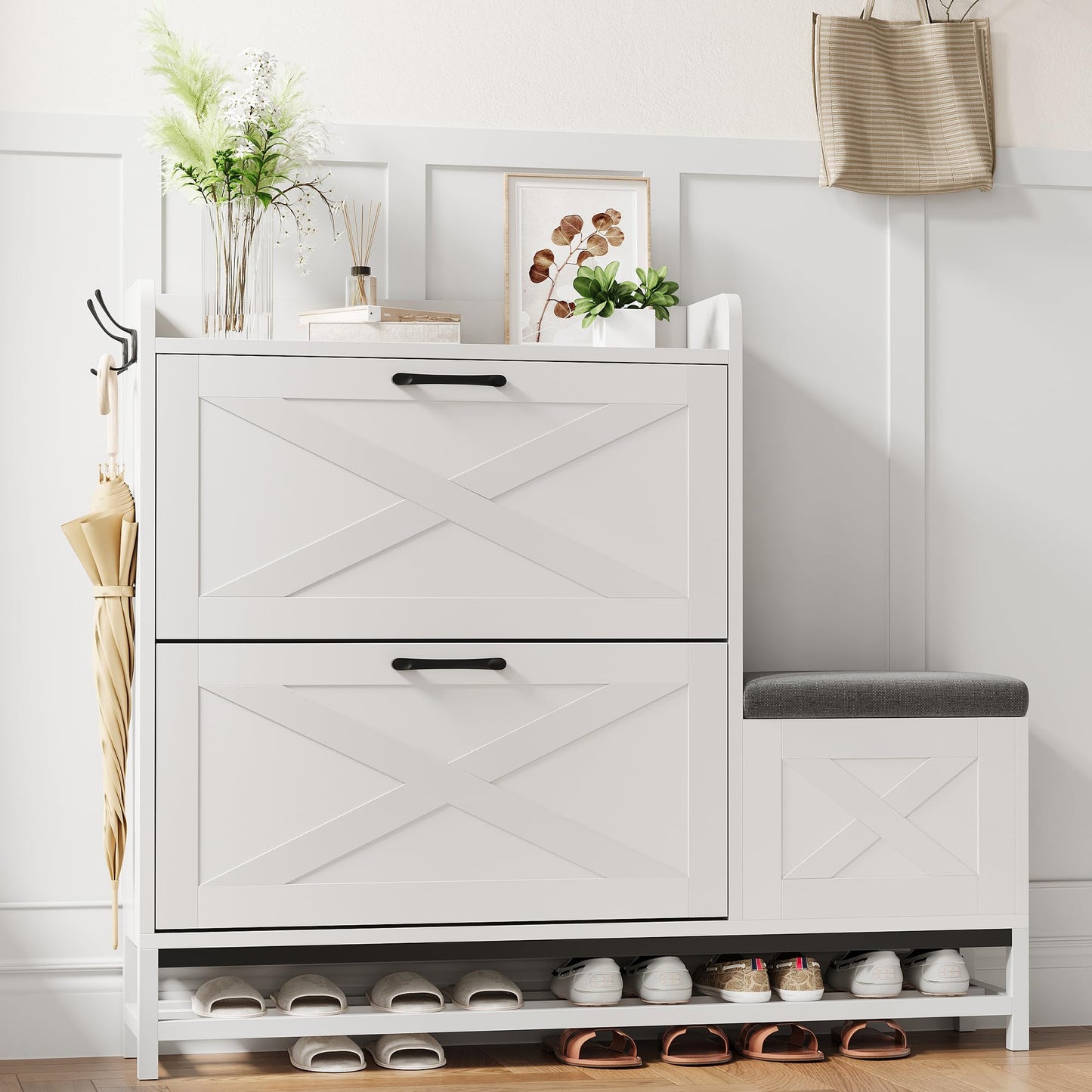 BouPower Shoe Cabinet with Bench, Farmhouse Narrow Slim Shoe Storage Cabinet 2 Flip Drawers for Entryway, Living Room, Hallway, White