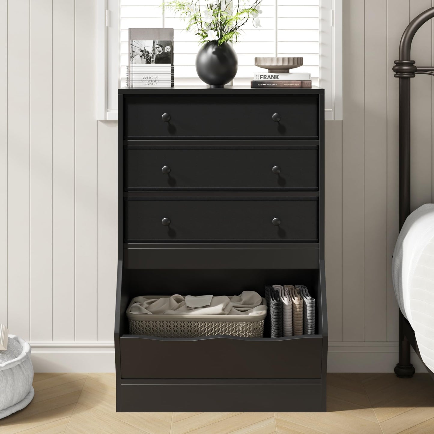 MHOM Fabric Dresser for Bedroom, Small Dresser with PU & Fabric Drawers, Modern Wooden Storage Cabinet with Open Cube for Closet, and Bedroom, Black