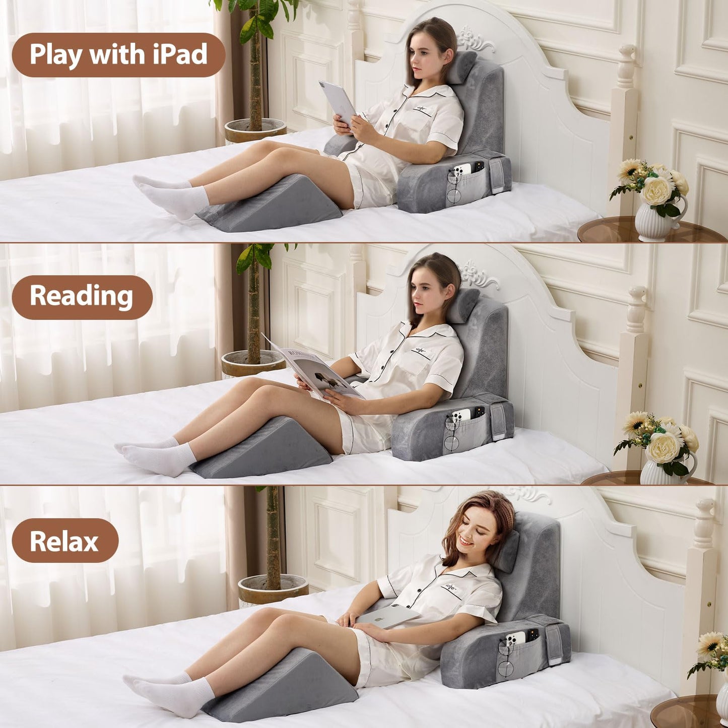 NIAOMAOGOU Reading Pillow for Sitting in Bed Adult, Back Pillow for Sitting Up in Bed with Arm Rest and Knee Rest, Suitable for Gaming,Watching TV on Floor, 19in 5Pcs, Grey