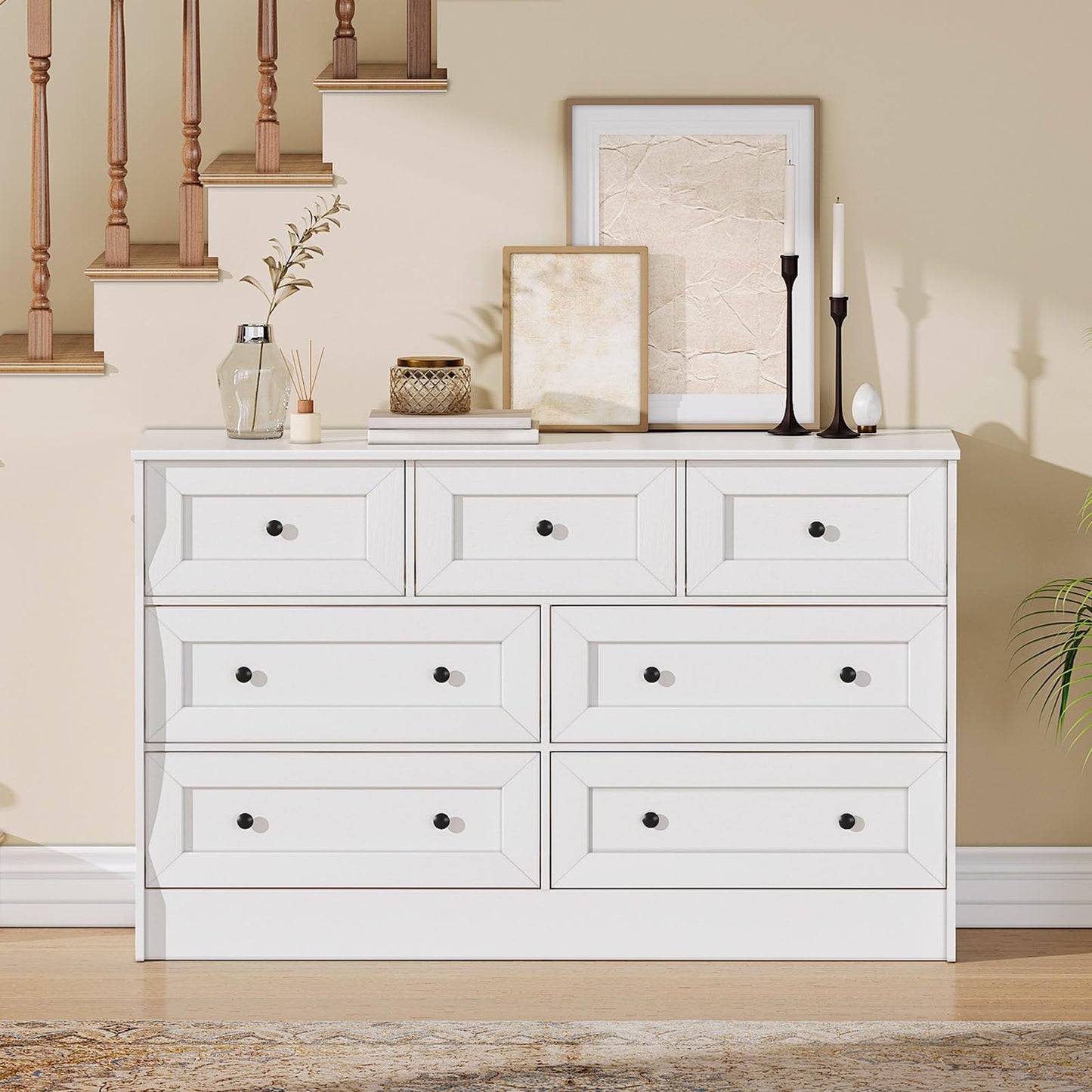 HOOBRO White Dresser for Bedroom, Farmhouse 7 Drawers Dresser, Chest of Drawers with Storage, Minimalist Style, Dressers Organizer for Bedroom, Living Room, Hallway, Entryway, White