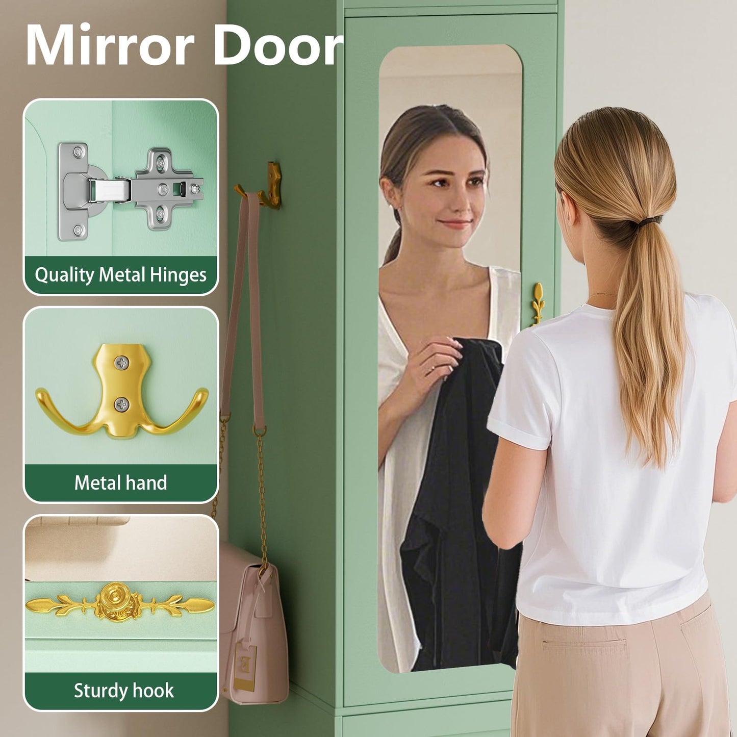 JanflyHome Armoire Wardrobe Closet, 69.5" H Wood Bedroom Armoires Cabinet with Mirror Door and 3 Drawers, Green Clothing Storage Cabinet with Hanging Rod & Sensor Light for Bedroom-Left