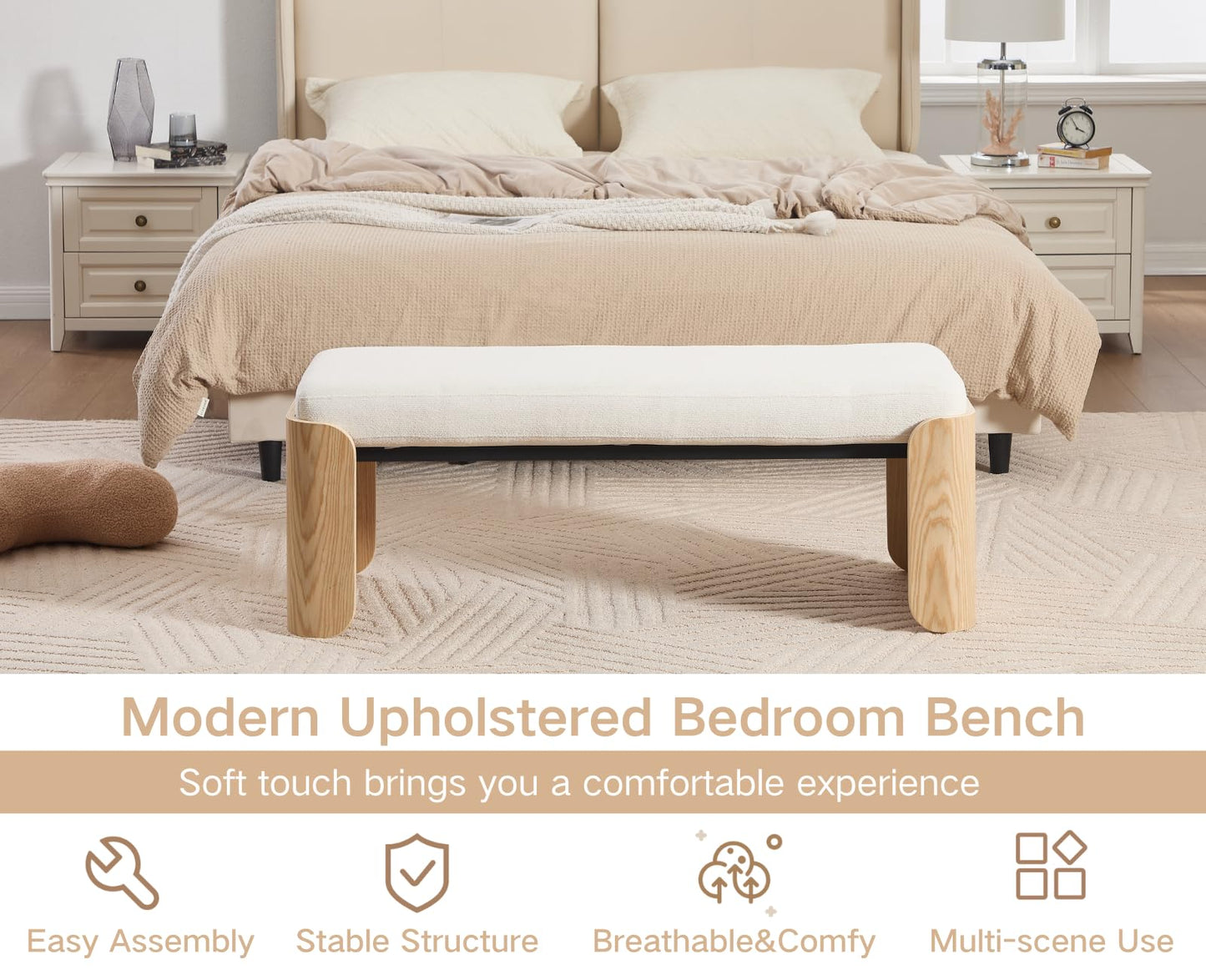 Shunzhi Modern Upholstered End of Bed Bench for Bedroom 49” Entryway Bench with Natural Wood Leg Window Ottoman Bench for Living Room/Bedroom/Hallway/Indoor, White Chenille